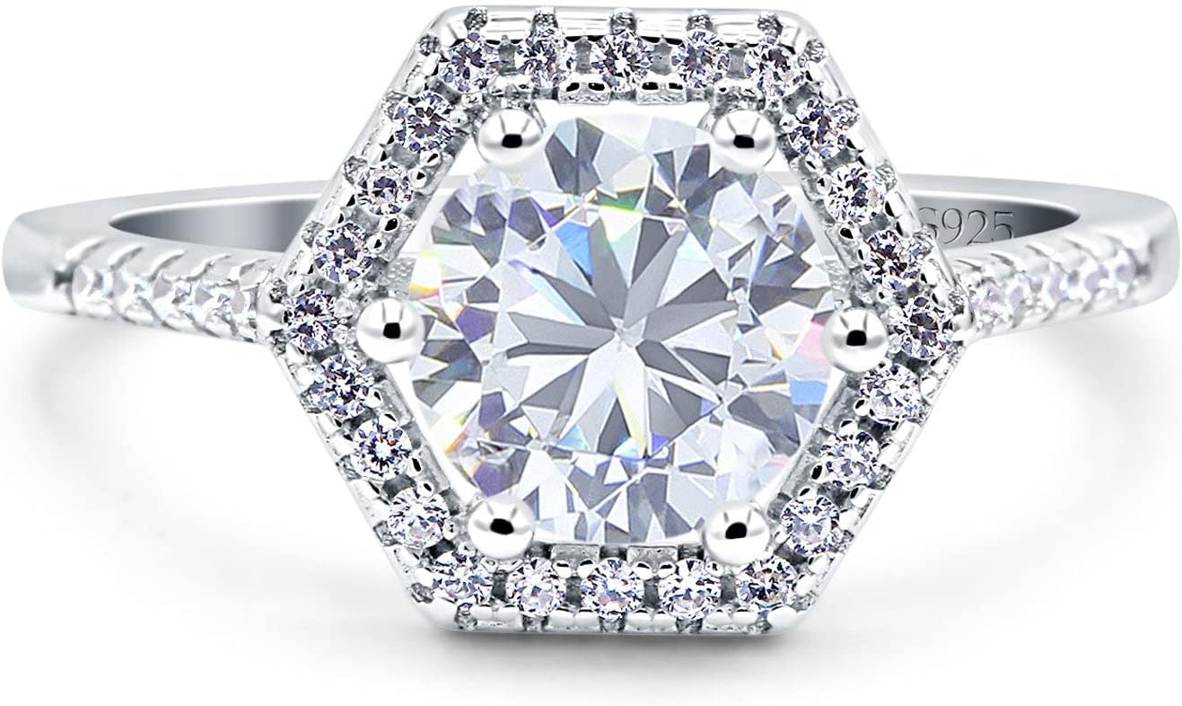 Blue Apple Co. Art Deco Hexagon Wedding Bridal Ring Round Simulated Cubic Zirconia 925 Sterling Silver