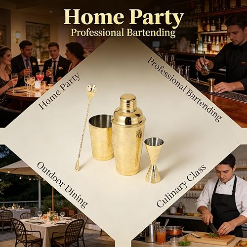 Miniatura 6 de Boston - Juego de coctelera de acero inoxidable 304, capacidad media, diseño de impresión vintage, juego de herramientas multifuncionales, fácil de