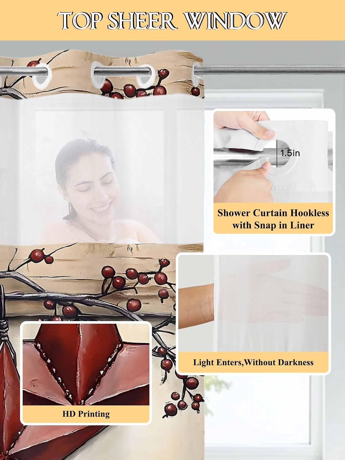 No Hook Shower Curtain with Snap in Fabric Liner Set Red Barn Star Shower Curtain for Bathroom Berry Branch Rustic Wood Bath Curtains Waterproof Inner Liner with See Through Top Window for Spa 60x72