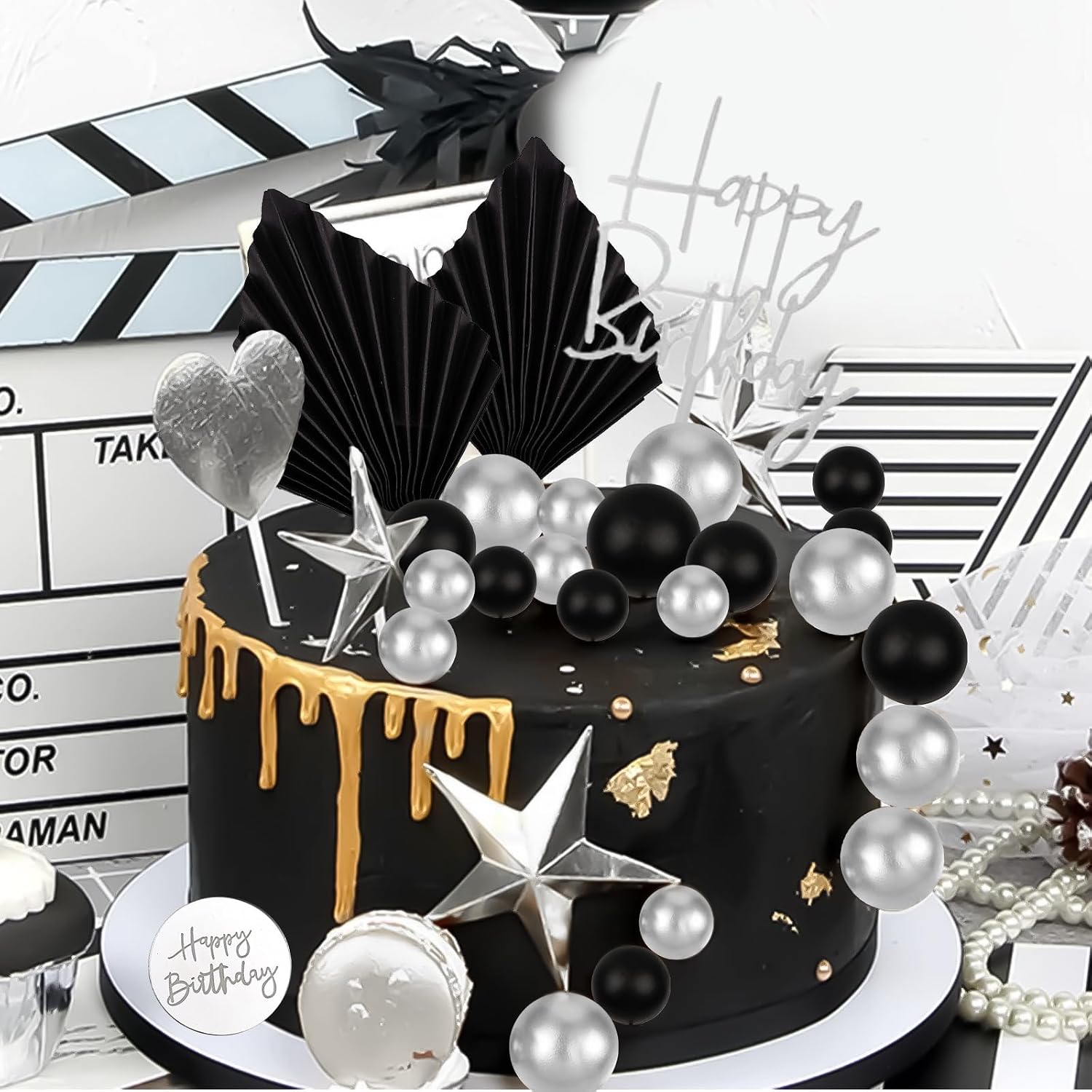 MEMOVAN Man Cake Topper Black Silver Balls Cake Decorations Black Silver Boho Cake Topper with Palm Leaves Silver Balloon Cupcake Cake Insert for Boy Bohemian Black Theme Birthday Wedding Anniversary