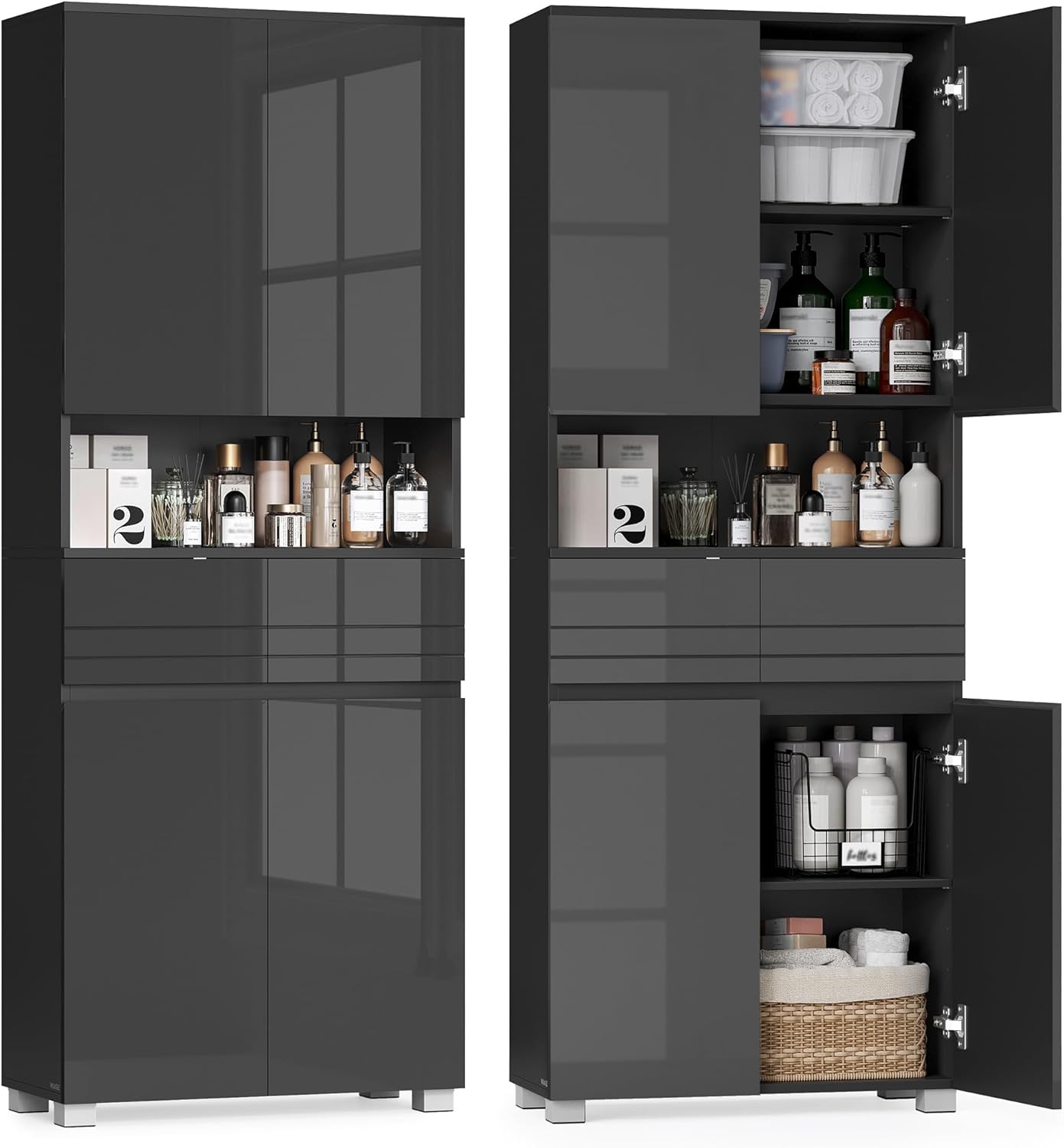 VASAGLE Badezimmerschrank, Badschrank, Badezimmermöbel mit 2 Schubladen, verstellbare Ablagen, offenes Fach, 30 x 60 x 170 cm, tintenschwarz BBC563BH01