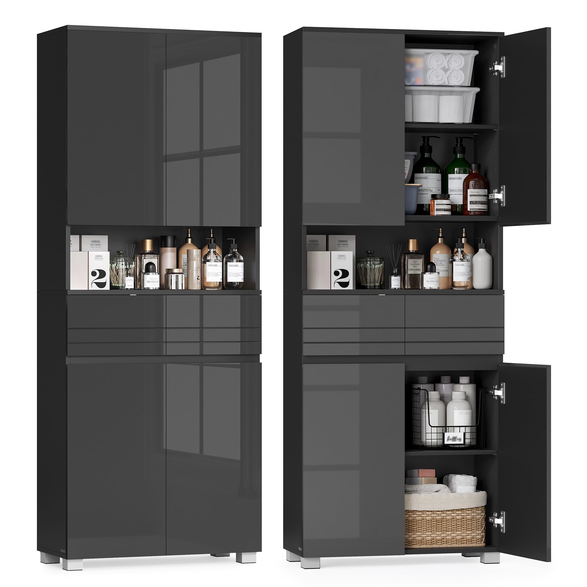 VASAGLE Badezimmerschrank, Badschrank, Badezimmermöbel mit 2 Schubladen, verstellbare Ablagen, offenes Fach, 30 x 60 x 170 cm, tintenschwarz BBC563BH01