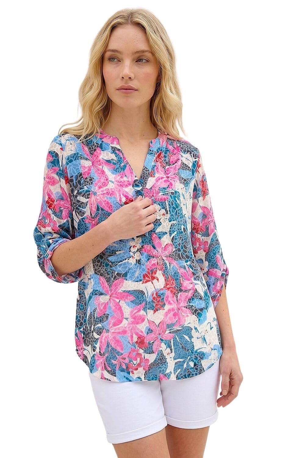 Roman Shirt for Women UK Ladies Top Collarless Blouse Stretchy Tunic Smart Casual Autumn Winter Jersey 3/4 Length Sleeve Notch V Neck Flattering Office Work