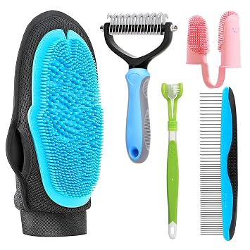 5-in-1 Puppy Bathing Supplies Pet Bathing Glove, Three-Sided Toothbrush, Double-Sided Detangling Comb, Double-Row Grooming Comb, and Finger Toothbrush for Dogs and Cats Pet Care Kit
