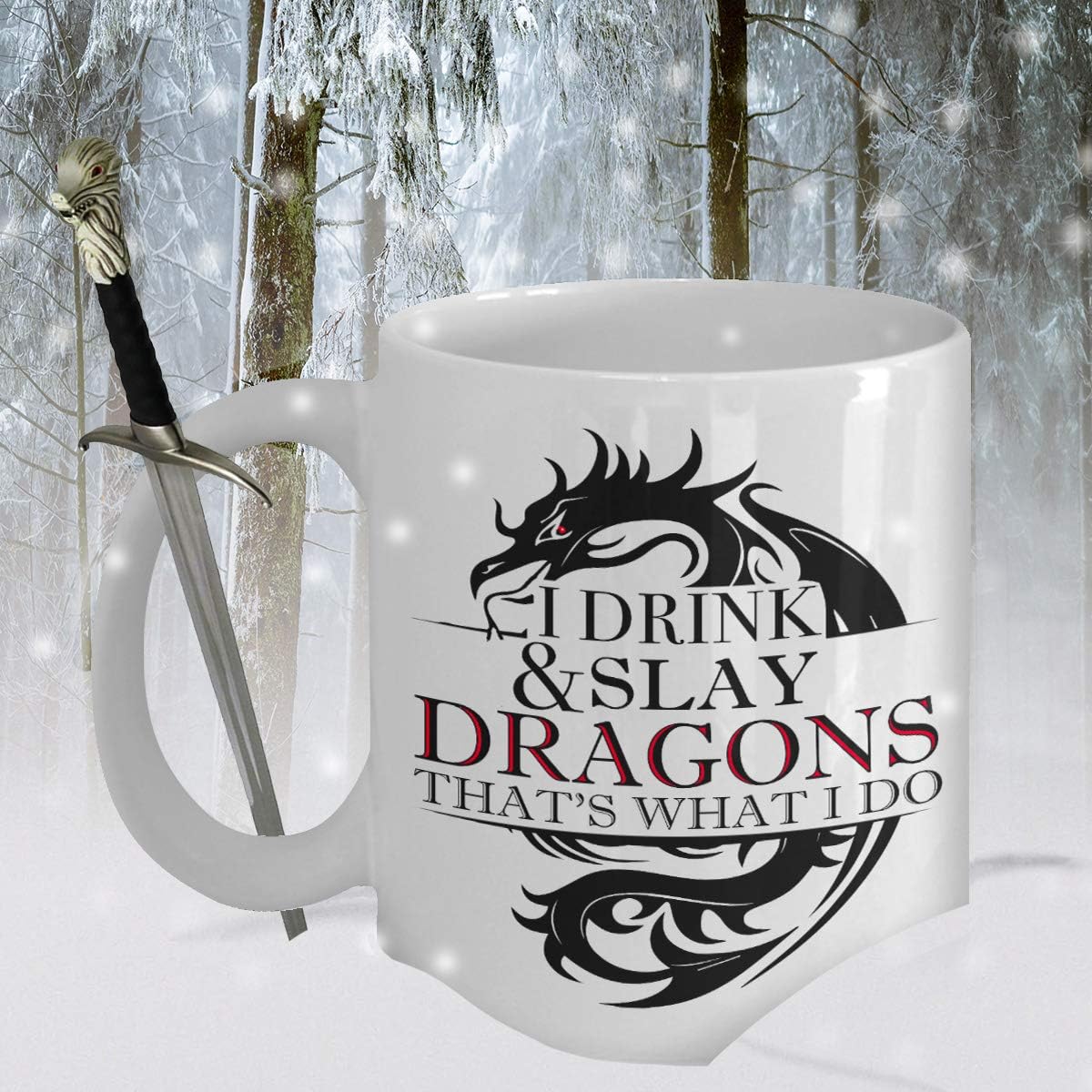 mmandiDESIGNS Dragon Slayer Coffee Mug I Drink and Slay Dragons That’s What I Do BIG 15oz Ceramic Coffee Cup GOT DnD Gift for Fans of their Kingdom