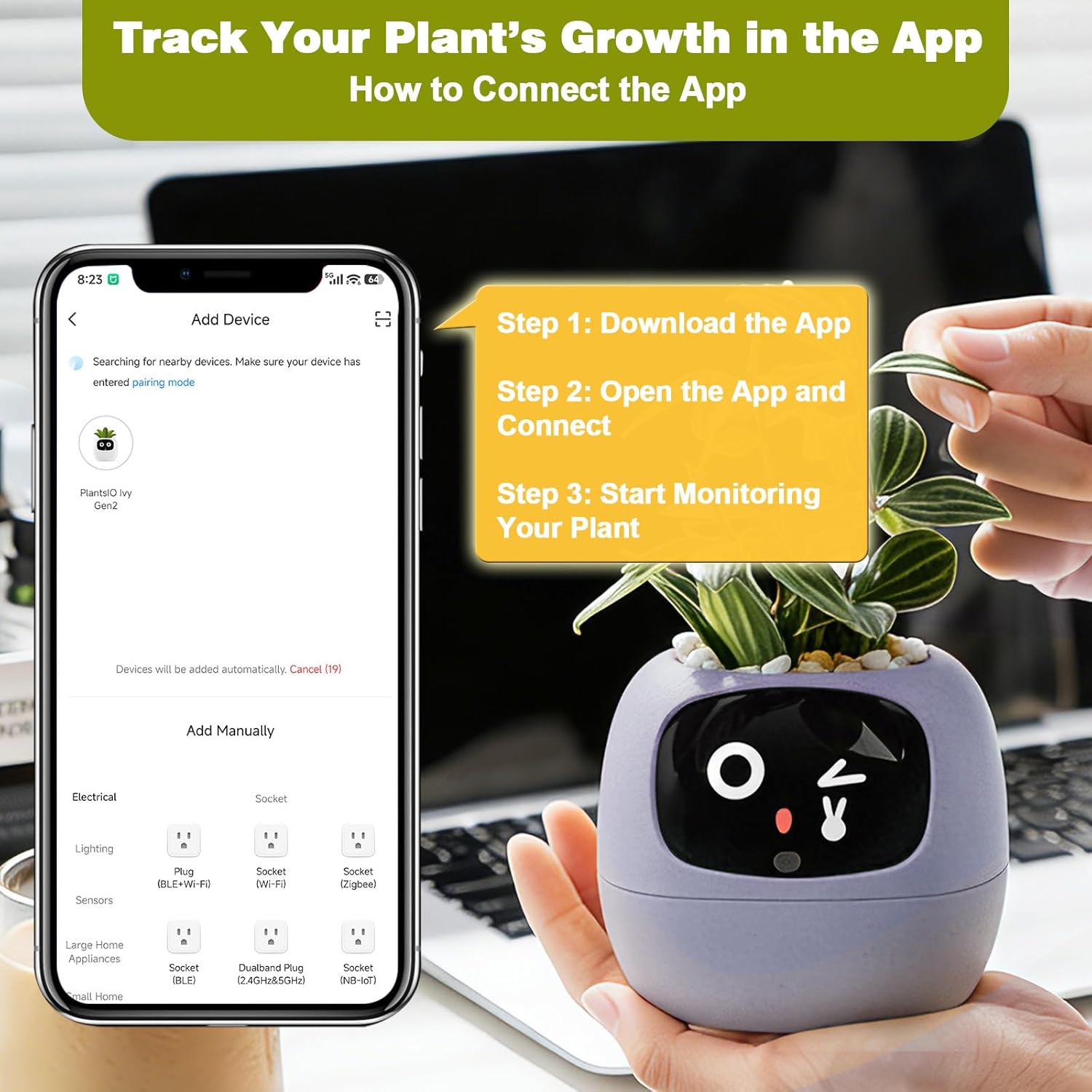 Smart Planter with App Control, Self-Watering AI Plant Pot with LCD Display, Interactive Desk Plant Companion for 100+ Plants, Smart Indoor Planter with Pomodoro Timer,80ml Reservoir,Calendar-Purple