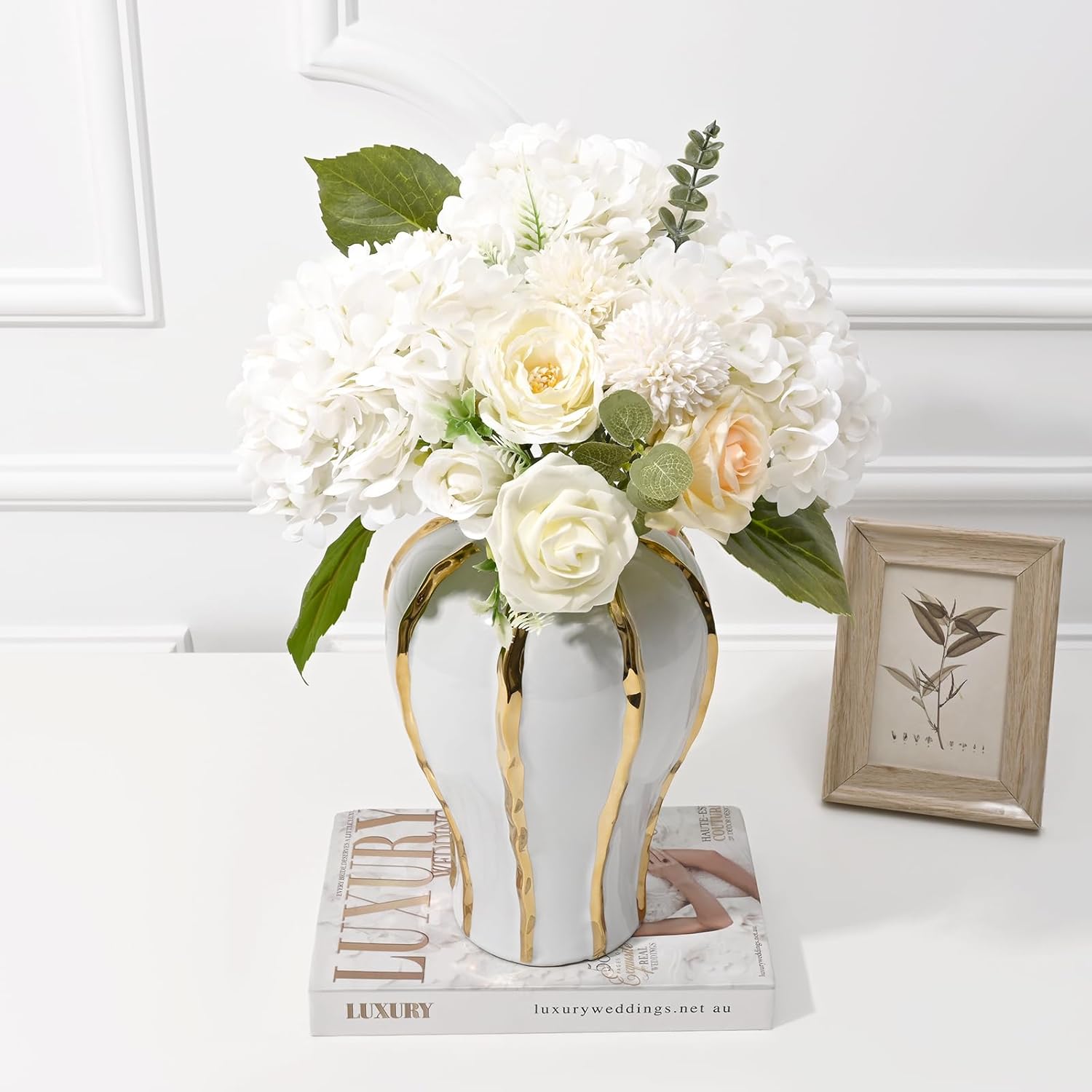 Artflower 8Pcs Real Touch Hydrangea Artificial Flowers, 22.5'' White Full Latex Faux Hydrangea Flowers for Home Floral Arrangements Wedding Bouquets Kitchen Table Centerpiece Decorations