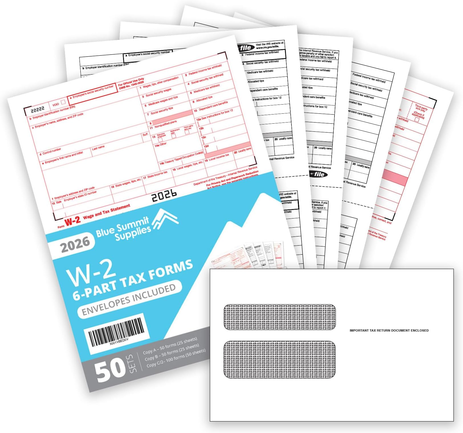 Blue Summit Supplies W2 Forms 2020, 6 Part Tax Forms, 50 Employee Kit of Laser Forms, Compatible with QuickBooks and Accounting Software, 50 Self Seal Envelopes Included