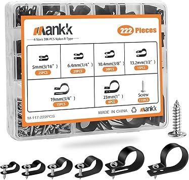 mankk 222PCS Cable Clips Wire Clips Assortment Kit Nylon Plastic R-Type Cable Clamps 6 Sizes 3/16 1/4 3/8 1/2 3/4 1 Wire Mounting Clips with Screws for Cable Management