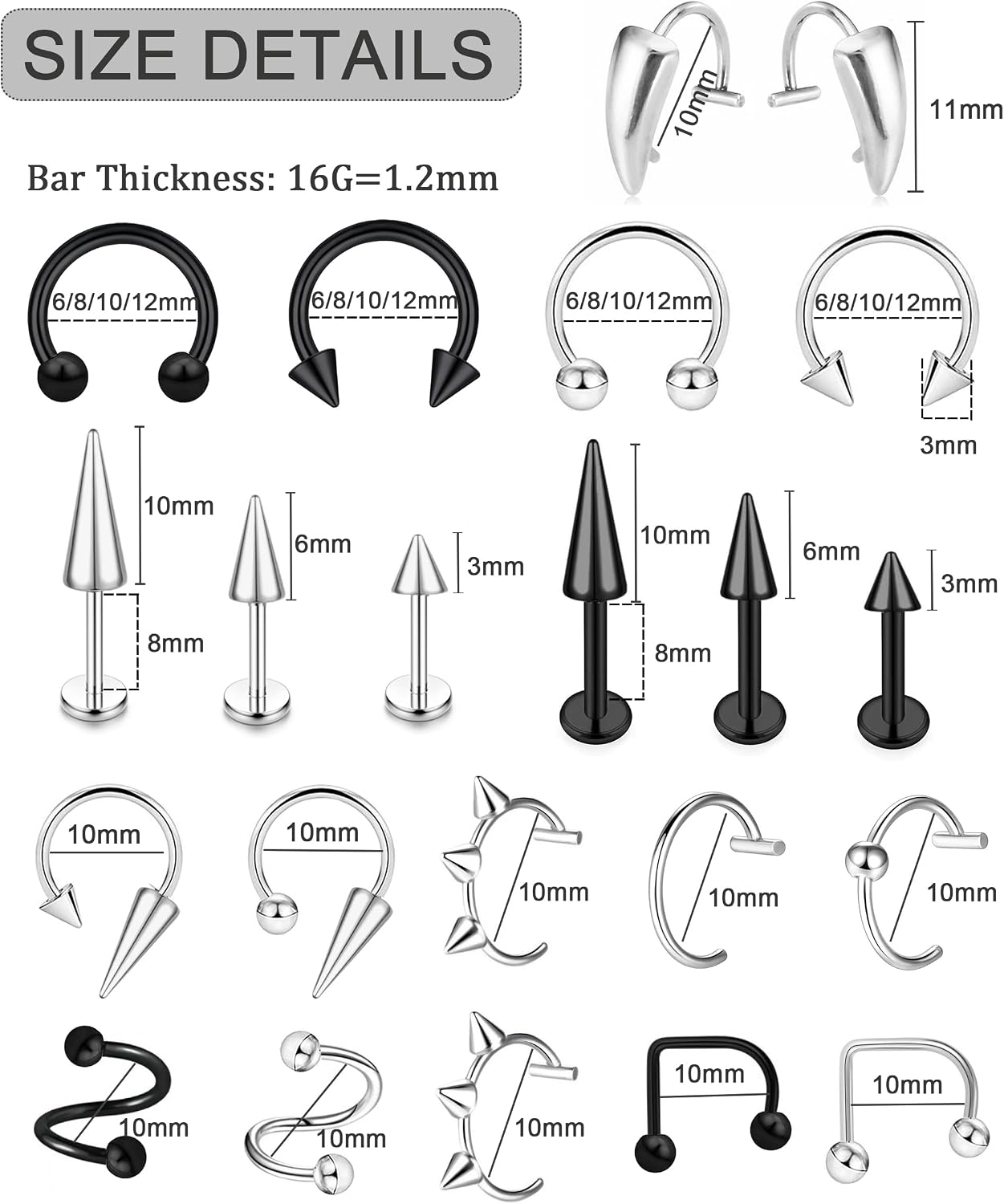 36Pcs 16G Stainless Steel Lip Rings for Women Men Snake Bite Piercing Labret Jewelry Monroe Barbell Spike Nose Stud