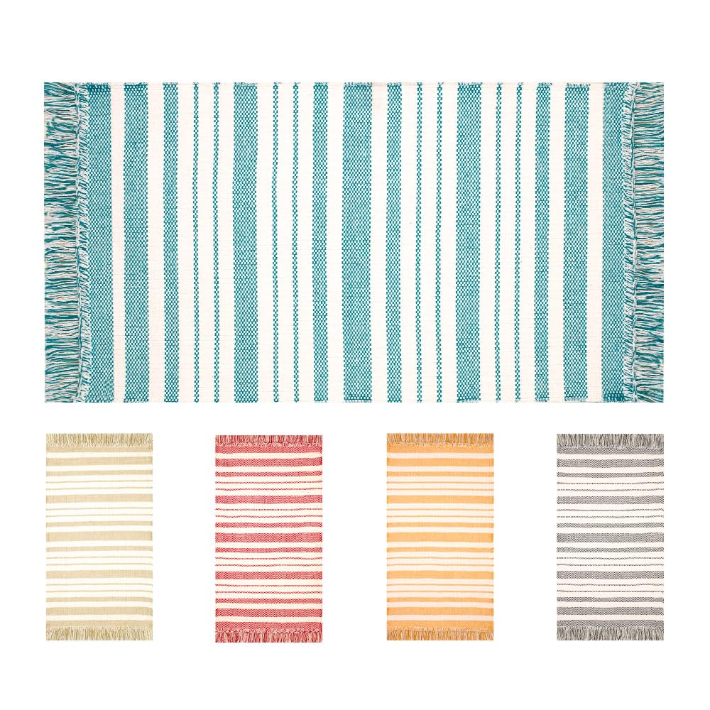 OLIVO.shop | Alfombra de algodón lavable en lavadora con flecos, alfombra de cocina de algodón, alfombra de entrada a rayas, varias medidas y color, azul, 50 x 100 cm
