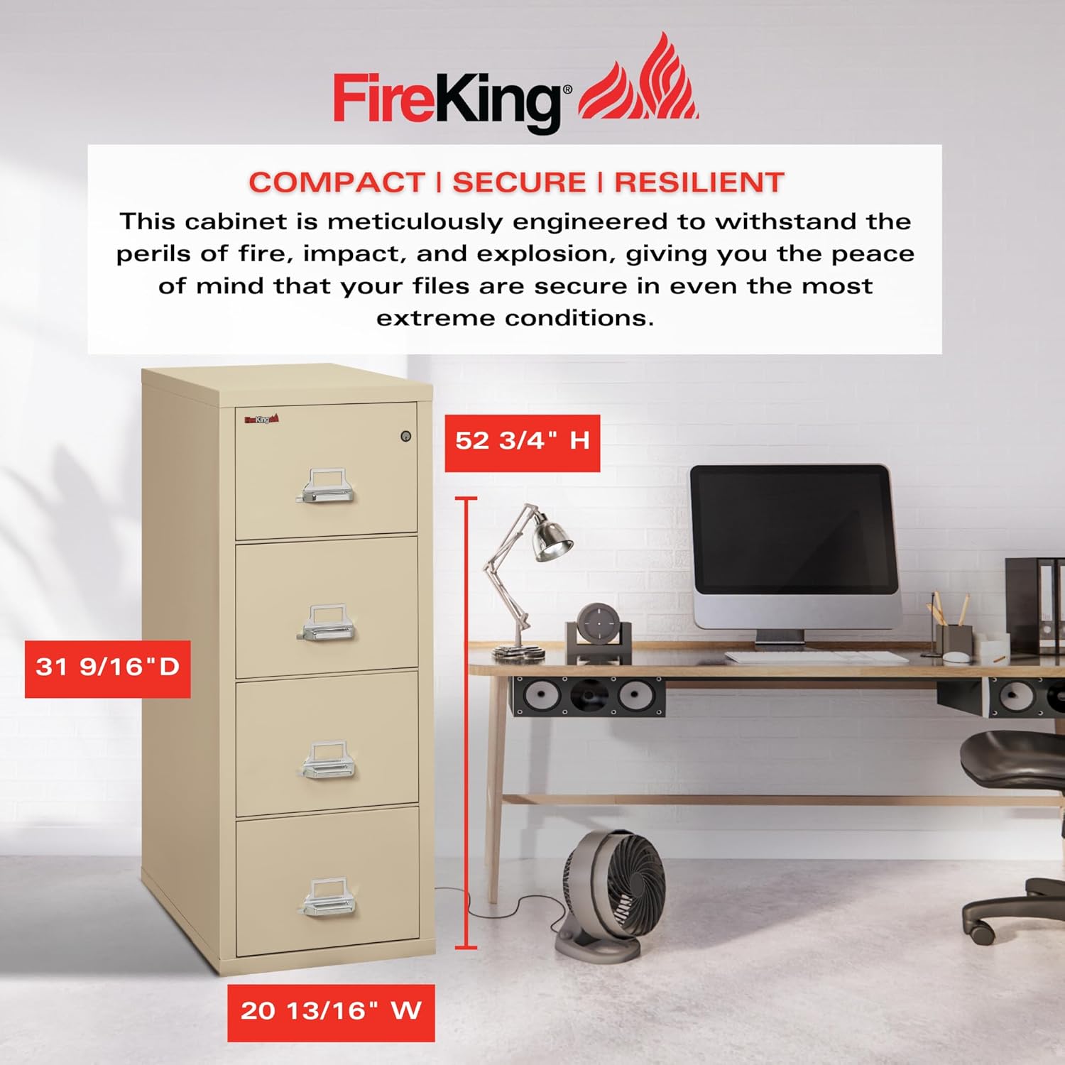 FireKing Fireproof Vertical File Cabinet, 4 Legal Sized Drawers, 52 .75in H, Made in The USA, 21 W x 31 D, (42131CPA)