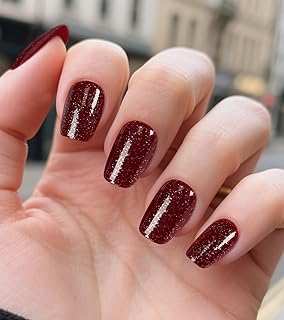 Morily Dark Red Glitter Press on Nails Short, Square Shaped Glitter Fake Stick on Nails for Women in 16 Sizes, 32 Pcs Reusable Full Cover Artificial False Fingernails