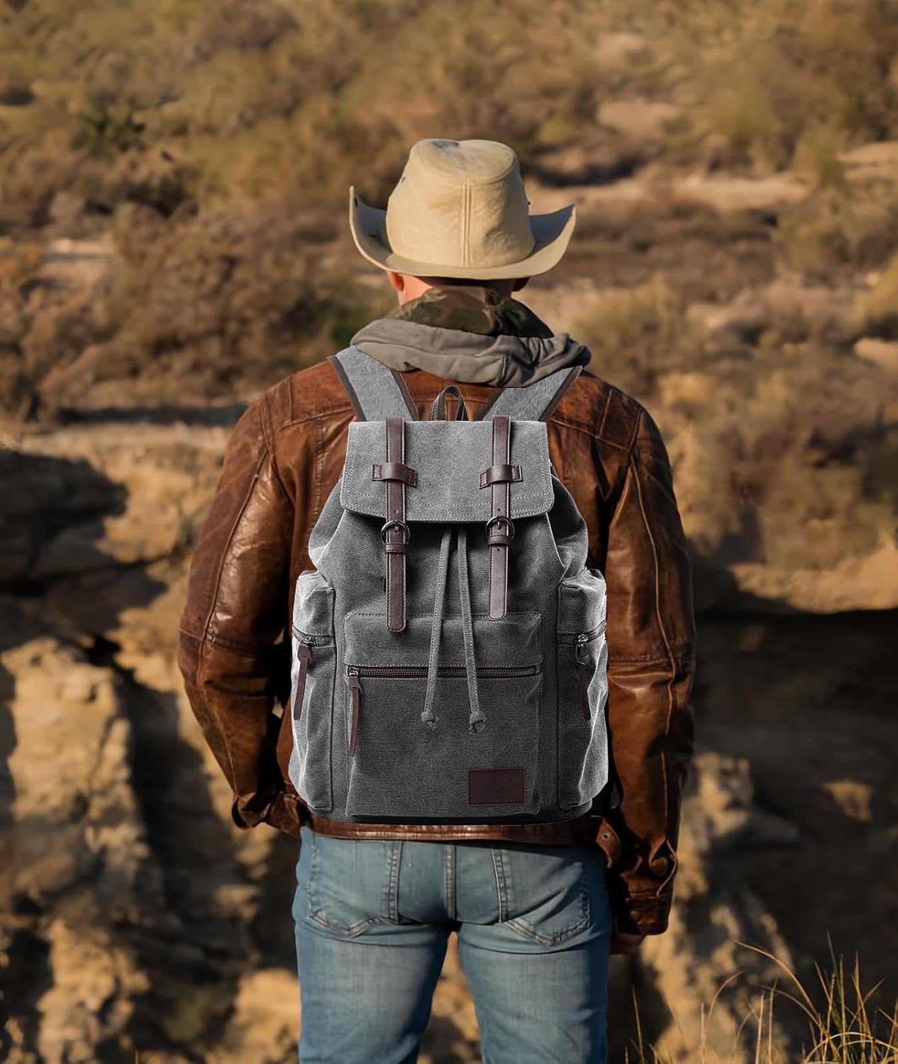 Vintage Canvas Backpack for Men, Grey Retro Backpack Fit 15.6 inch Laptop, Flap Grunge Backpacks for College, Durable Casual Daypack Rucksack for Camping Hiking Traveling - Image 7