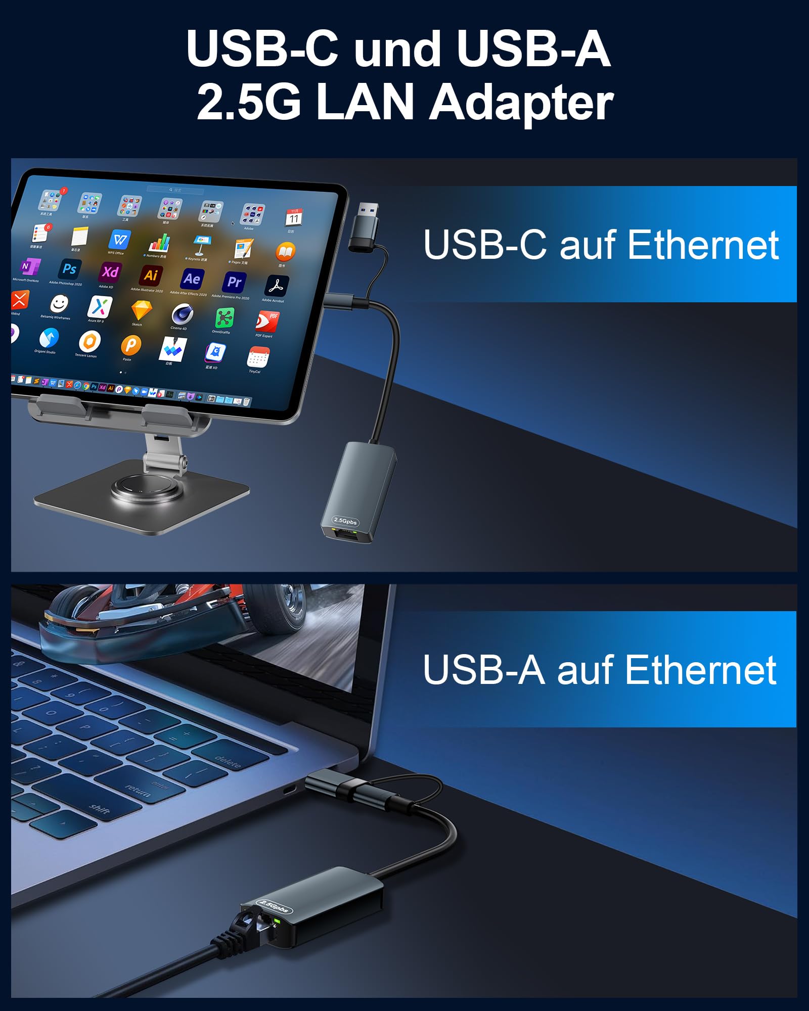 Adapter USB LAN 1000 m, USB-C Ethernet adapter RJ45 Gigabit adapter sieciowy, USB-C LAN Hub z 3 * USB-3.0 i 1 * porty typu C do MacBook XPS Surface Pro Linux Chromebook itp. (adapter LAN 2,5 G)