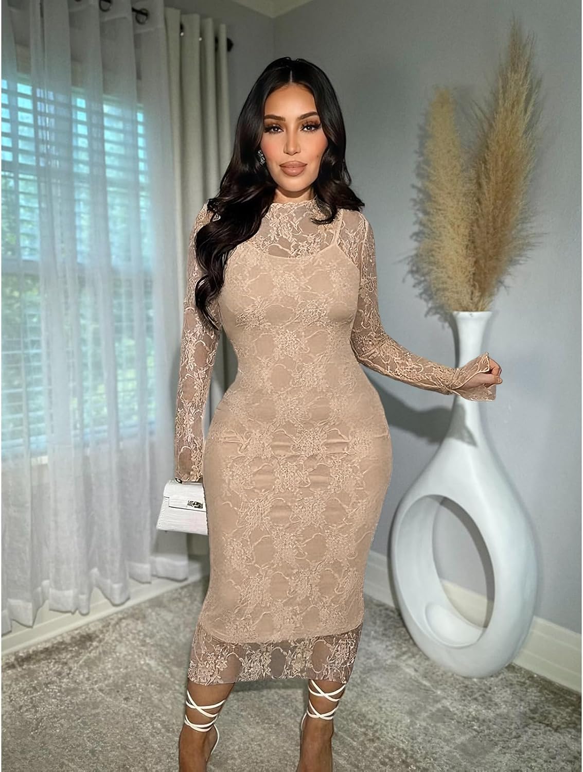 Womens Floral Lace Bodycon Midi Dress Long Sleeve Sexy See Through Mesh Club Party 2 Piece Dress Set - Image 2