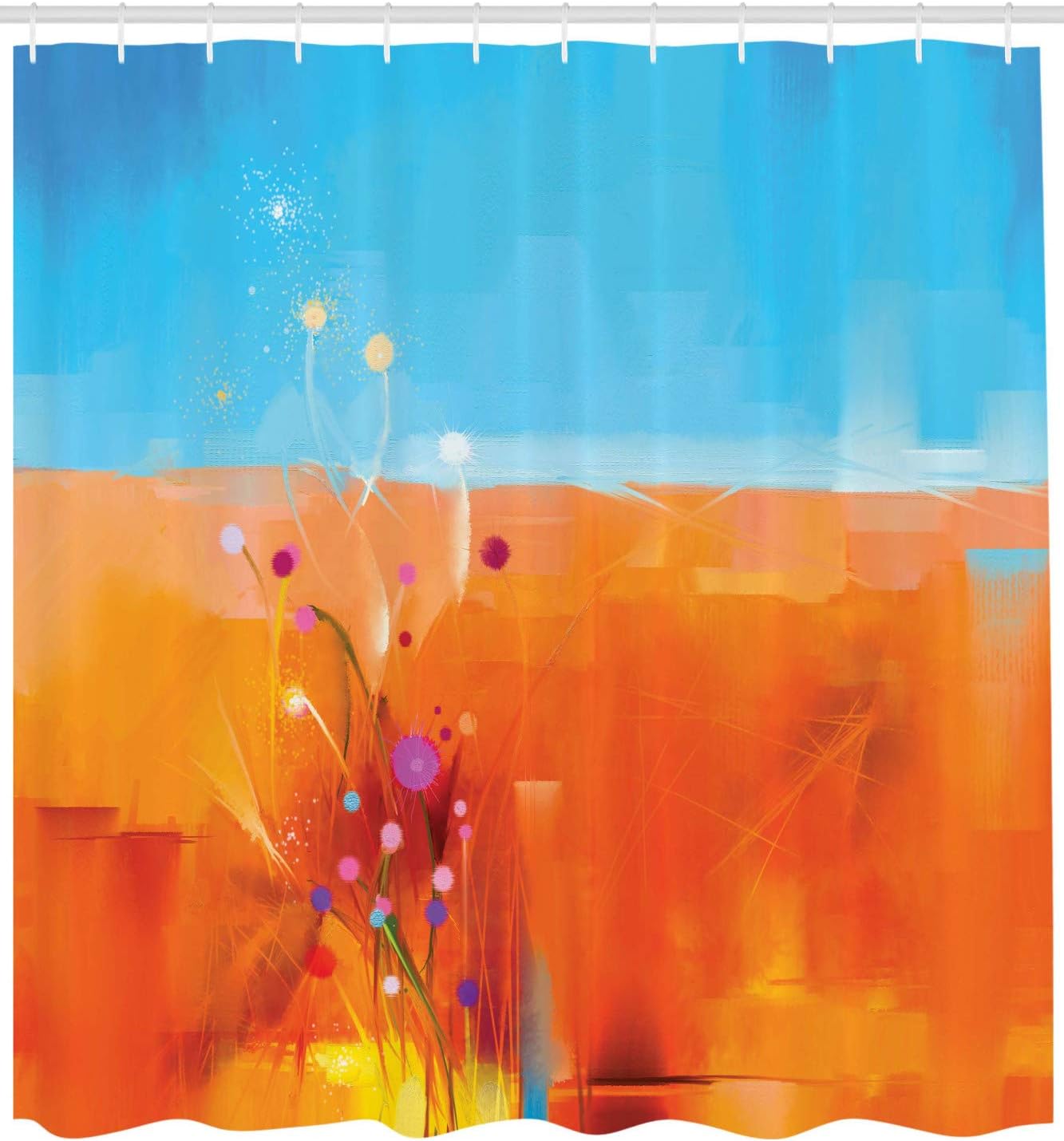 Ambesonne Flower Shower Curtain, Abstract Meadows Under Blue Sky Nature Themed Art Beauty Floral Illustration, Cloth Fabric Bathroom Decor Set with Hooks, 69" W x 84" L, Orange Purple