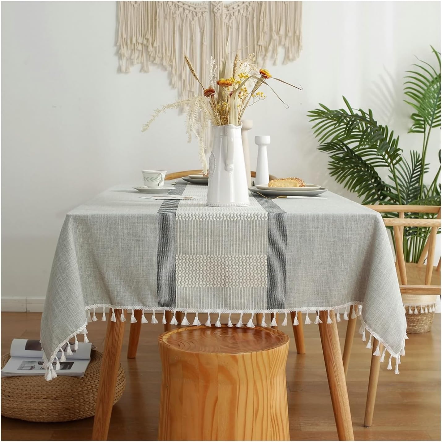 Table Cloth Rectangle Table 100x160 CM(39x63 Inch), Polyester Tablecloths Washable Double Stripes with Tassels Table Cover for Kitchen Dining Table Decorations, Light Blue