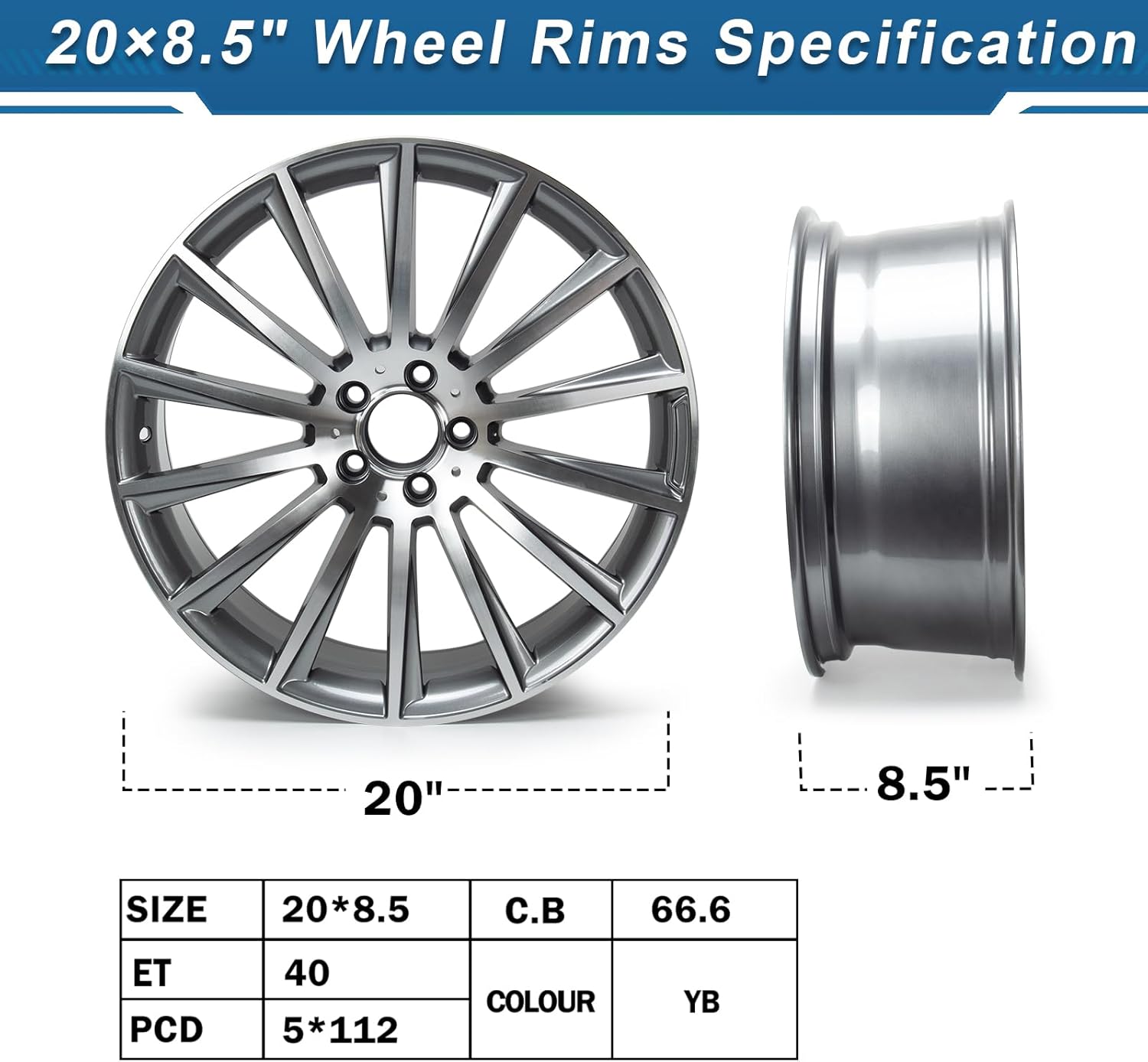 20"× 8.5" Wheel Rim Compatible with S500 S550 S560 AMG Style, PCD 5×112mm, Offset 40mm, CB 66.6mm, Front or Rear Wheel Direct Fit Replacement Silver