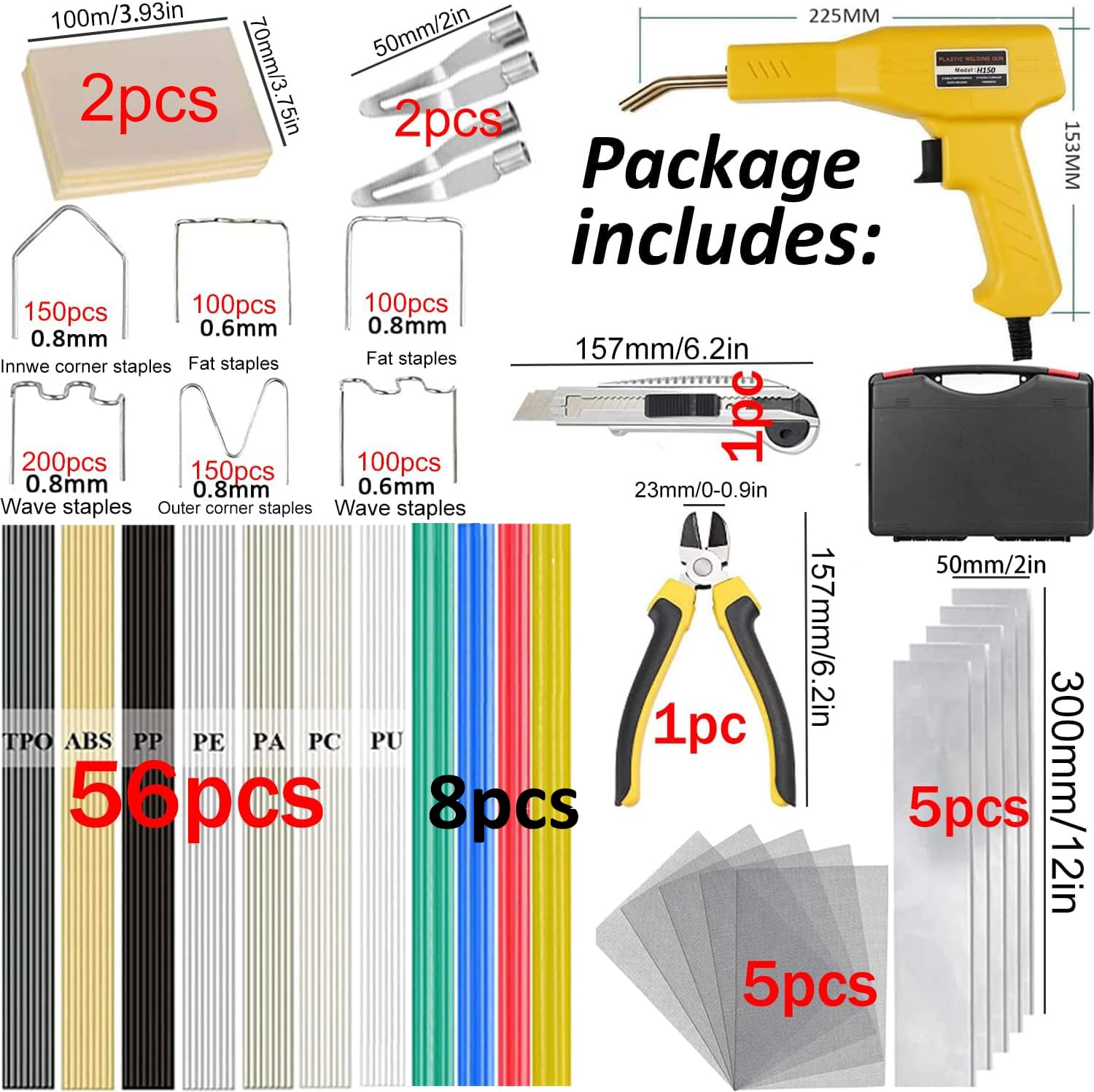 220W Soldador de Plástico, 2 en 1 Soldadura Plástico, Kit de Reparación de Parachoques de Coche con 800Pcs 6 Tipos Grapas, 2 Espátula&64 pcs Varillas Soldadura para Reparación de Parachoques de Coche