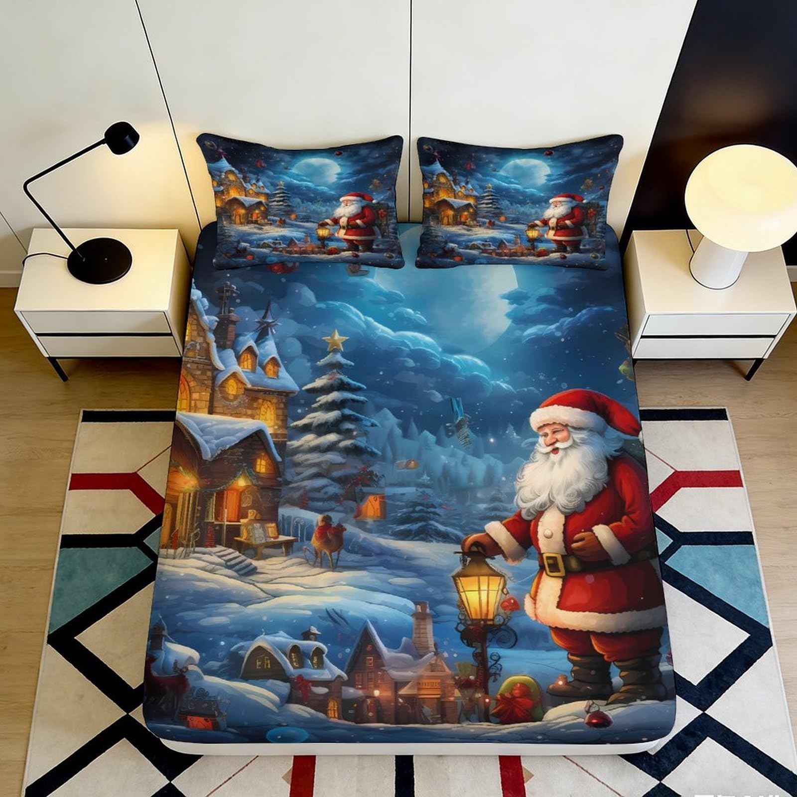 3D Printed Christmas Snowman Fitted Sheet Microfiber Deep Pocket Bedroom Bedding Santa Claus Mattress Fitted Cover Washable for Adults Teens 120x200x25cm