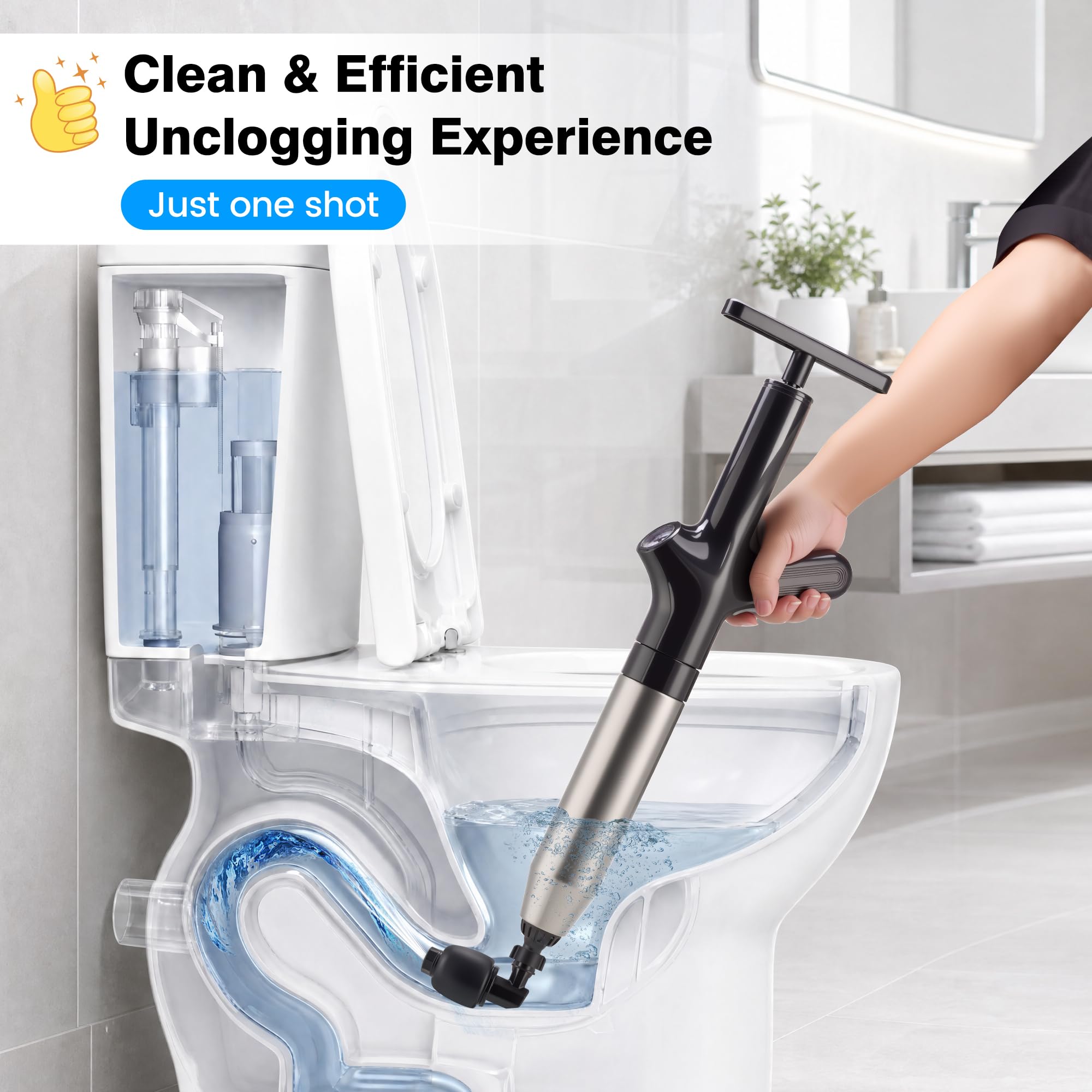 Pistone per WC, 3 in 1 ad alta pressione, sblocca WC, lavello, doccia e scarico della cucina in 1 secondo, con custodia e staffa di sospensione, nero e grigio