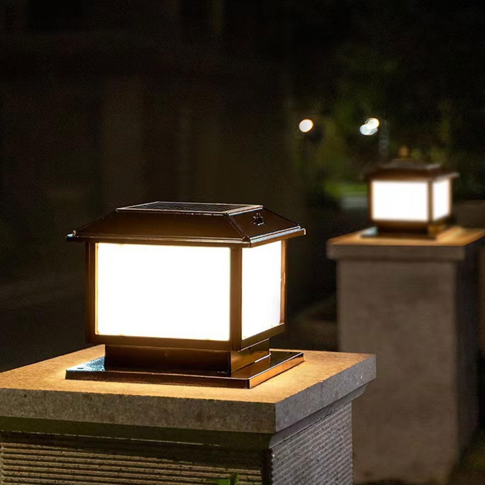 Solar Square Column Lights IP54 Waterproof Safety Pillar Lamp Villa Gate Landscape Aluminum Street Lantern Palace Retro Decoration Outdoor Courtyard Door Patio Garden Post Light (Black 50cm)