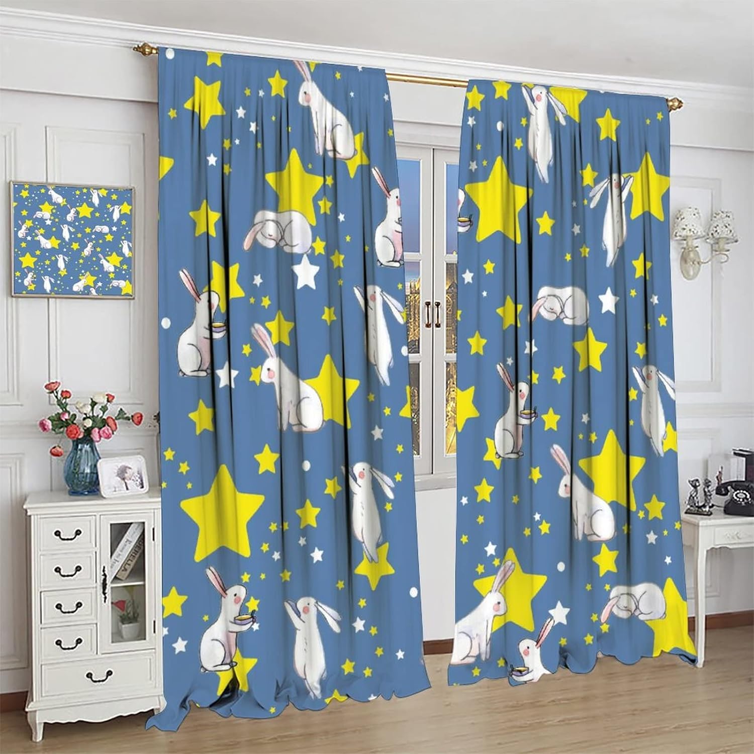 Cute Bunny Blackout Curtains,Cartoon Bunny Rabbit Easter Galaxy Space Star Print Window Treatments Rod Pocket Thermal Insulated Room Darkening Blackout Curtains 2 Panels 63L x 27.5W
