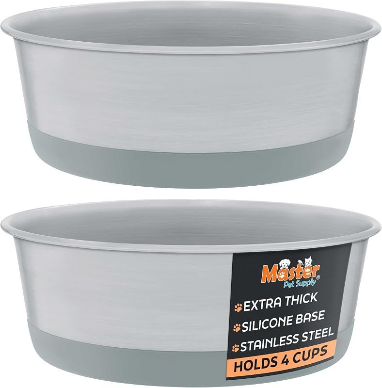 Tigela básica para cães e gatos em aço inoxidável com base de silicone antiderrapante Master Pet Supply Graphite — Pacote com 2, 946 mL cada