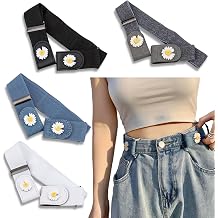 No Buckle Elastic Belt with Daisy Design, Womens Invisible Stretch Belt for Jeans, 4 Colors Pack, Black White Blue Gray