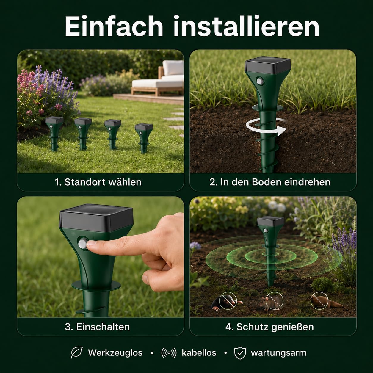 MEKEET Set di 4 repellenti a energia solare per talpe, a ultrasuoni e vibrazioni, per allontanare arvicole, per giardino, prato e aiuole, IP65