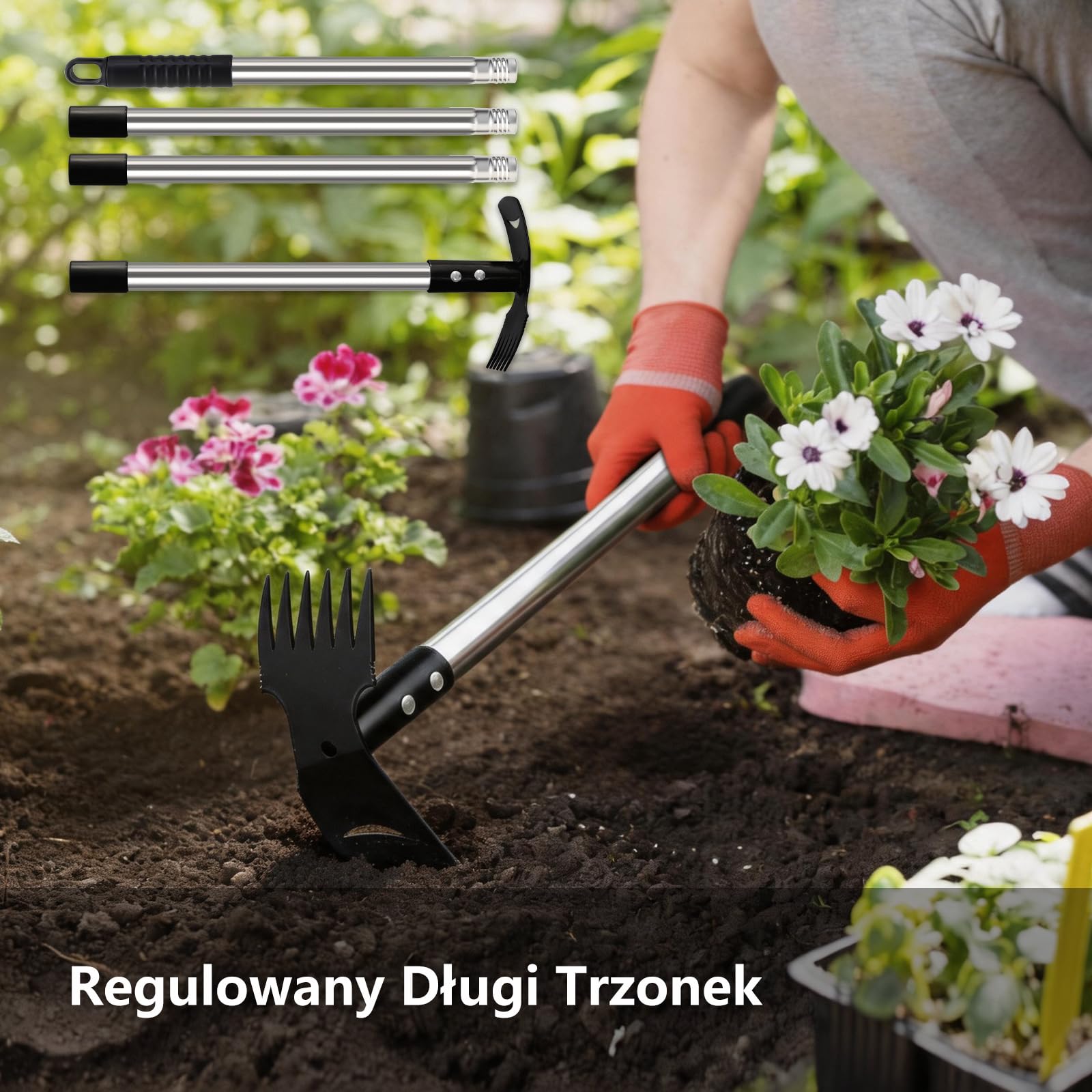 Mitclear Narzędzie do Usuwania Chwastów z Długim Uchwytem(148cm), Wyrywacz Chwastów, 2 w 1 Grabie i Motyka Ogrodowa, Ręczny Wyrywacz Chwastów do Usuwania Korzeni dla Ogrodu, Podwórka, Trawnika