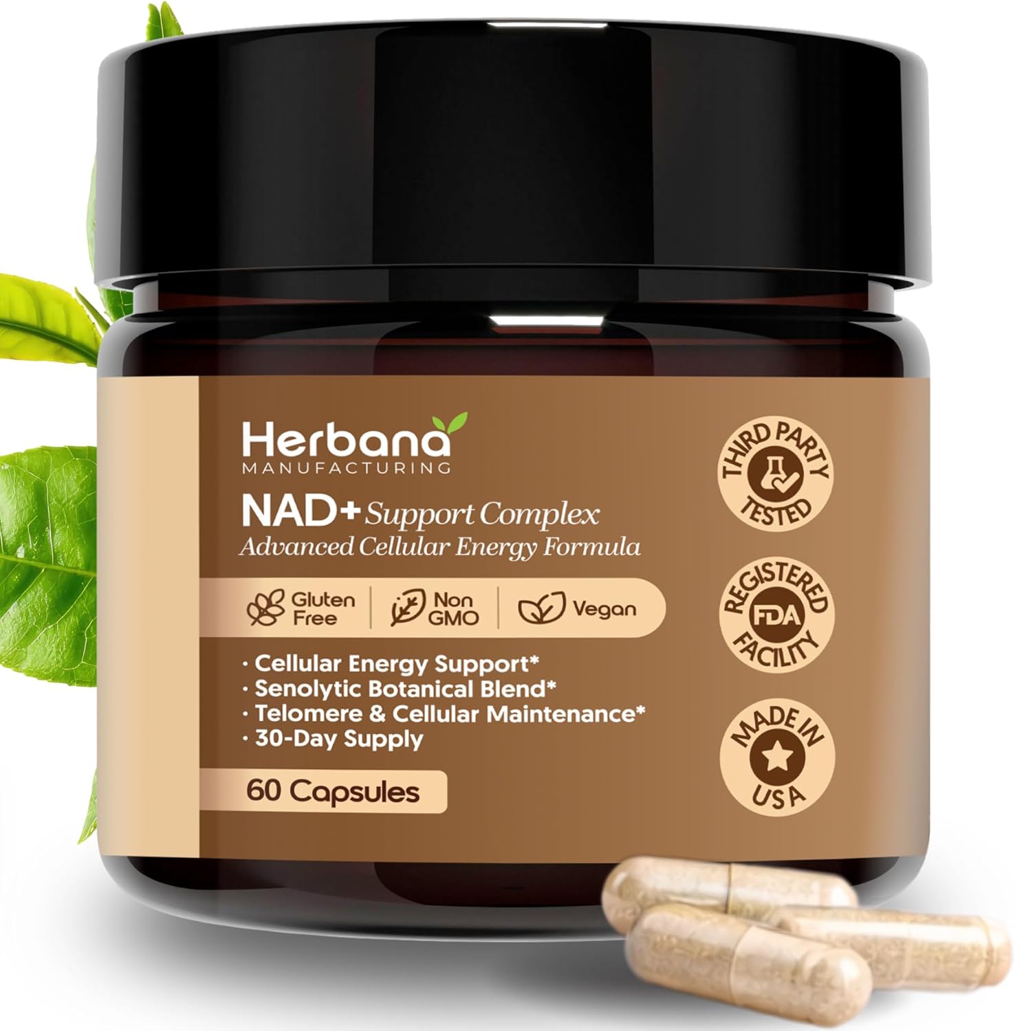 Herbana NAD+ Support Complex, Advanced Cellular Energy Formula with Nicotinamide Riboside, Trans-Resveratrol, Quercetin, 60 Capsules, 30-Day Supply