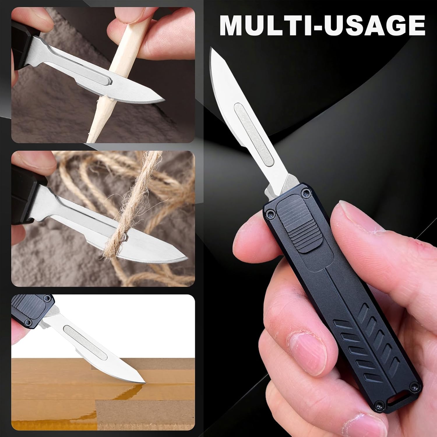 Caressolove Auto Retractable Utility Knife, Safety Black Automatic Box Cutter, Scalpel Pocket Knife, Push Button EDC Razor Knife with 10PCS #23 Blades