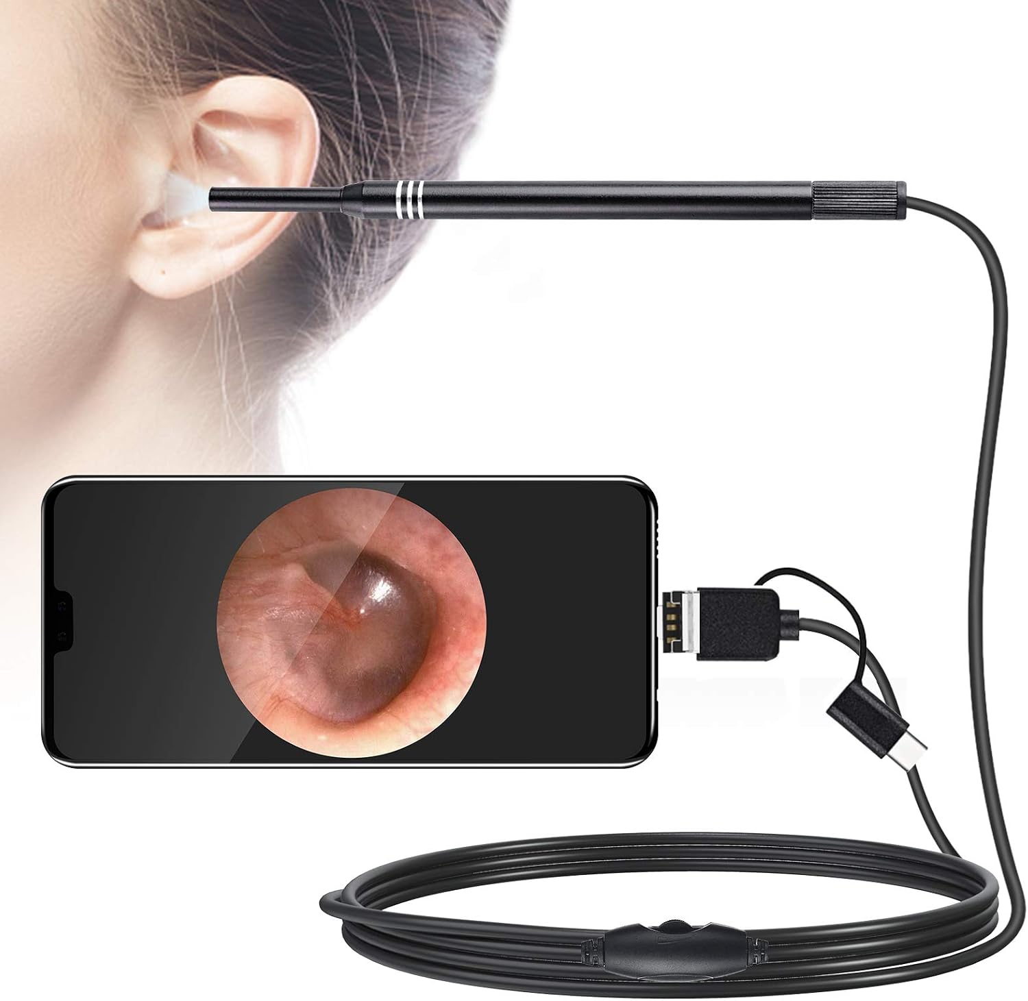 USB Otoscope Ear Scope Camera - WETDCQ Waterproof HD Visual Ear Endoscope Ear Camera with Earwax Cleaning Tool, 6 Adjustable LED Lights and 3-in-1 Connector for Android and Windows