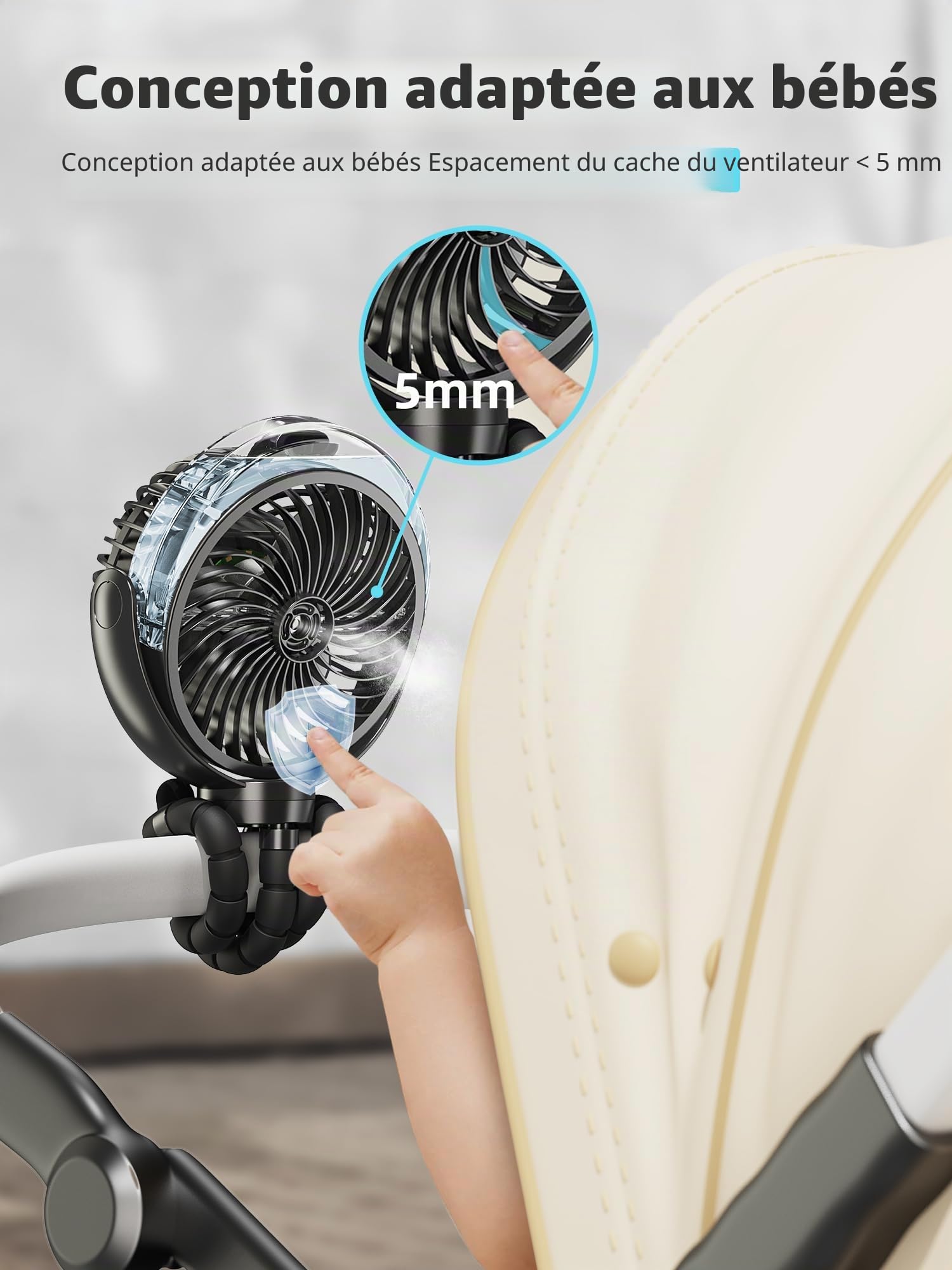 Ventilateur brumisateur pour poussette, 6000 mAh, batterie, portable avec lumière et pivot 360°, trépied flexible pour bébé, bureau, voyage, tapis