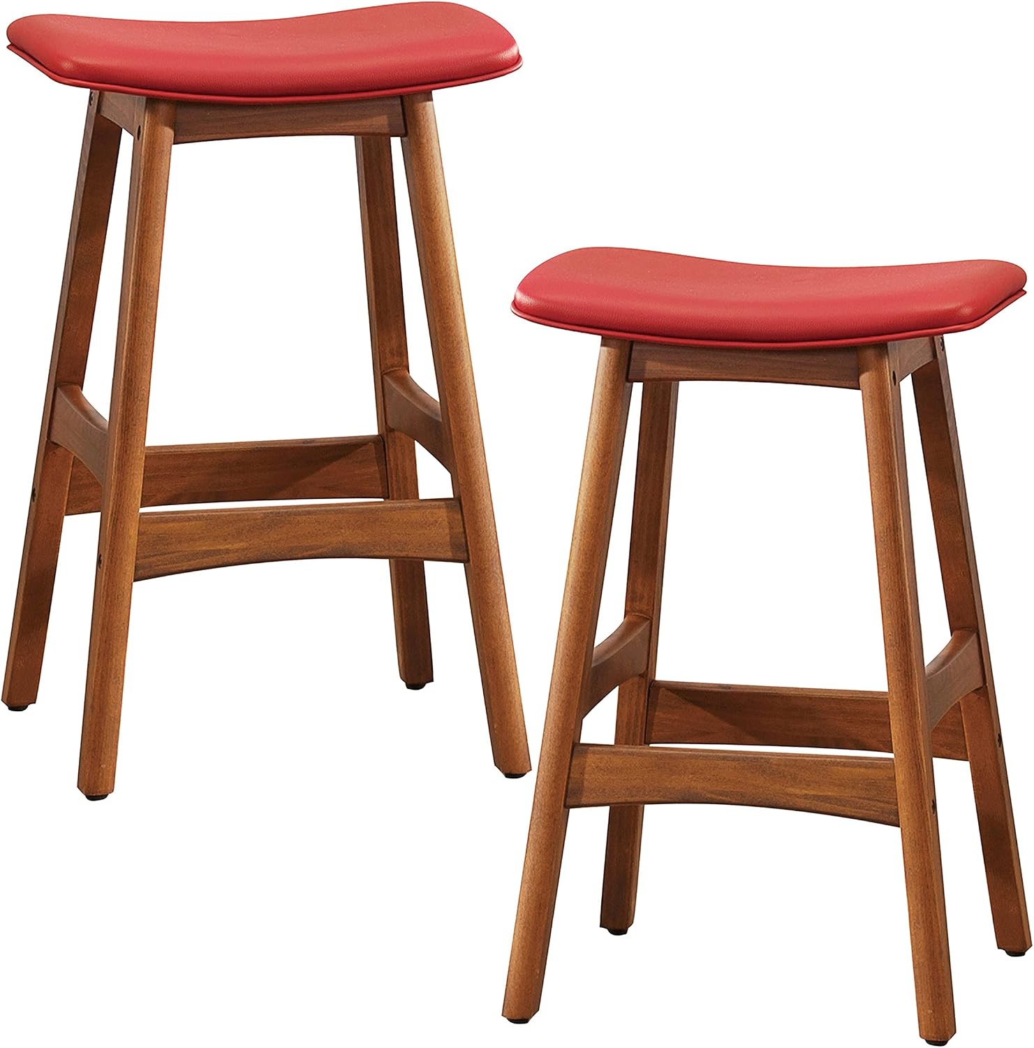 Homelegance Mid-Century Counter Height Stool, Set of 2, Solid Wood Frame, Faux Leather Upholstered Saddle Seat, Footrest, Modern Kitchen Island and Bar Seating, for Dining Room, Walnut/Matt Brown