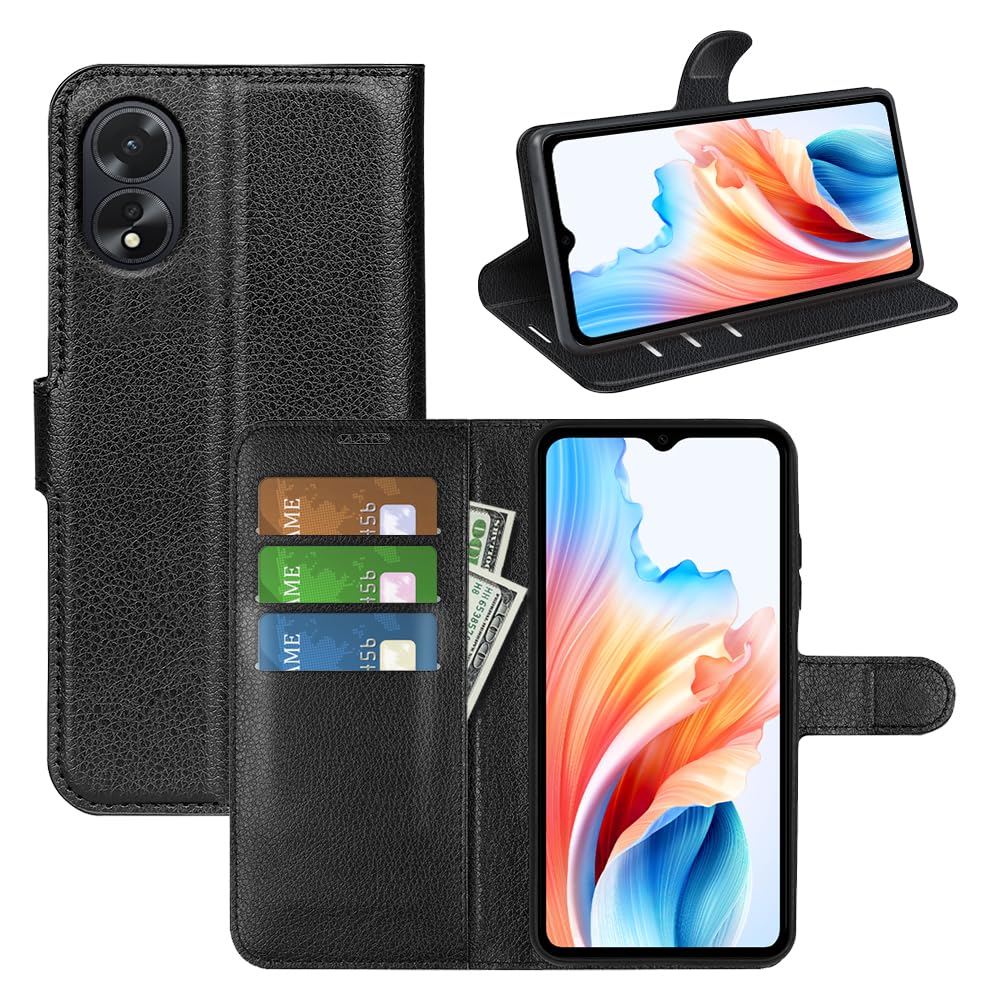 Leder-Flip-Hülle Für Oppo A38 / A18 4G – Mit Standfunktion, Kartenfach Und Magnetschnalle, Schwarz