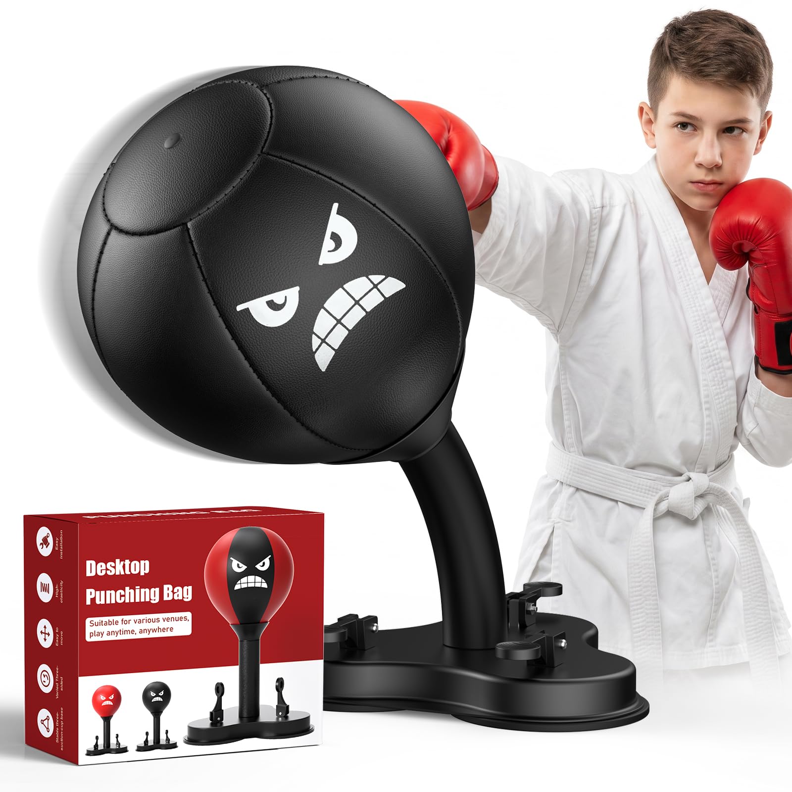 Desktop Punching Bag, Speed Ball for Stress Relief & Reflex Training, Boxing Bag with Super Strong Spring Flexibility & Strong Suction Cup for Office Desk, Home Gym, for Kids（black）