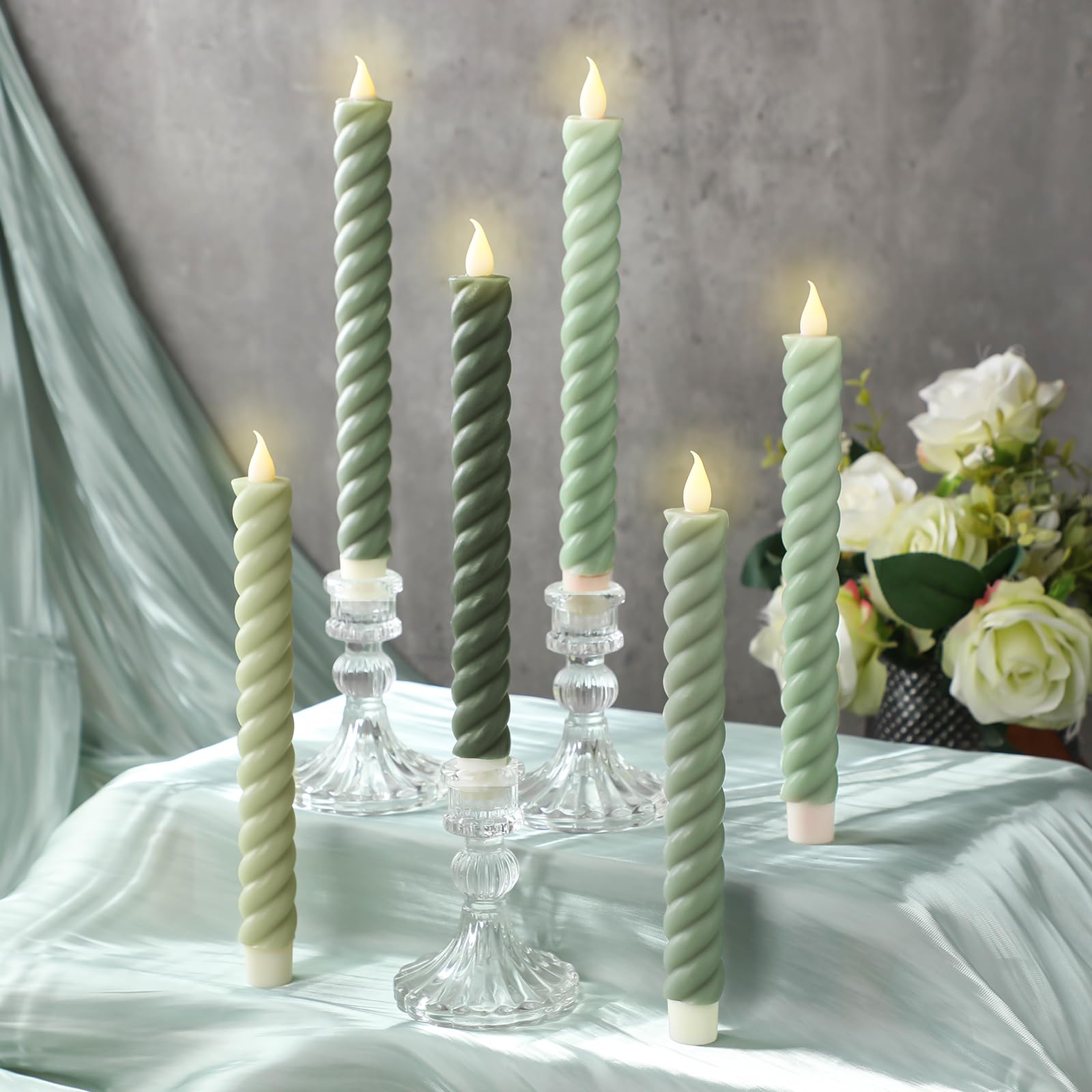 Baquler 6 Pcs Sage Green Flameless Taper Candle Twisted LED 9.65 in