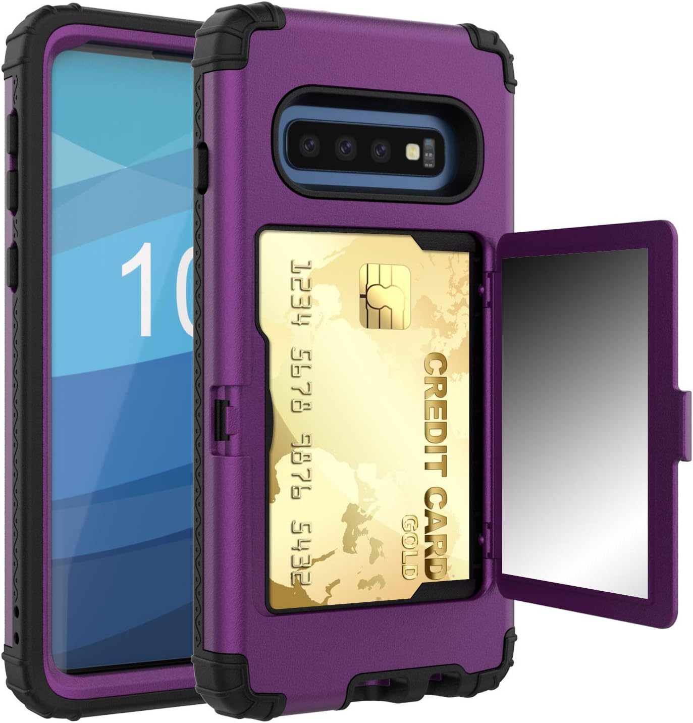 Galaxy S10 Plus Wallet Case, Ankoe Three Layer Shockproof Protection Heavy Duty Case with Card Holder and Hidden Back Mirror & Kickstand Case for Samsung Galaxy S10 Plus 2019 Release (Purple)