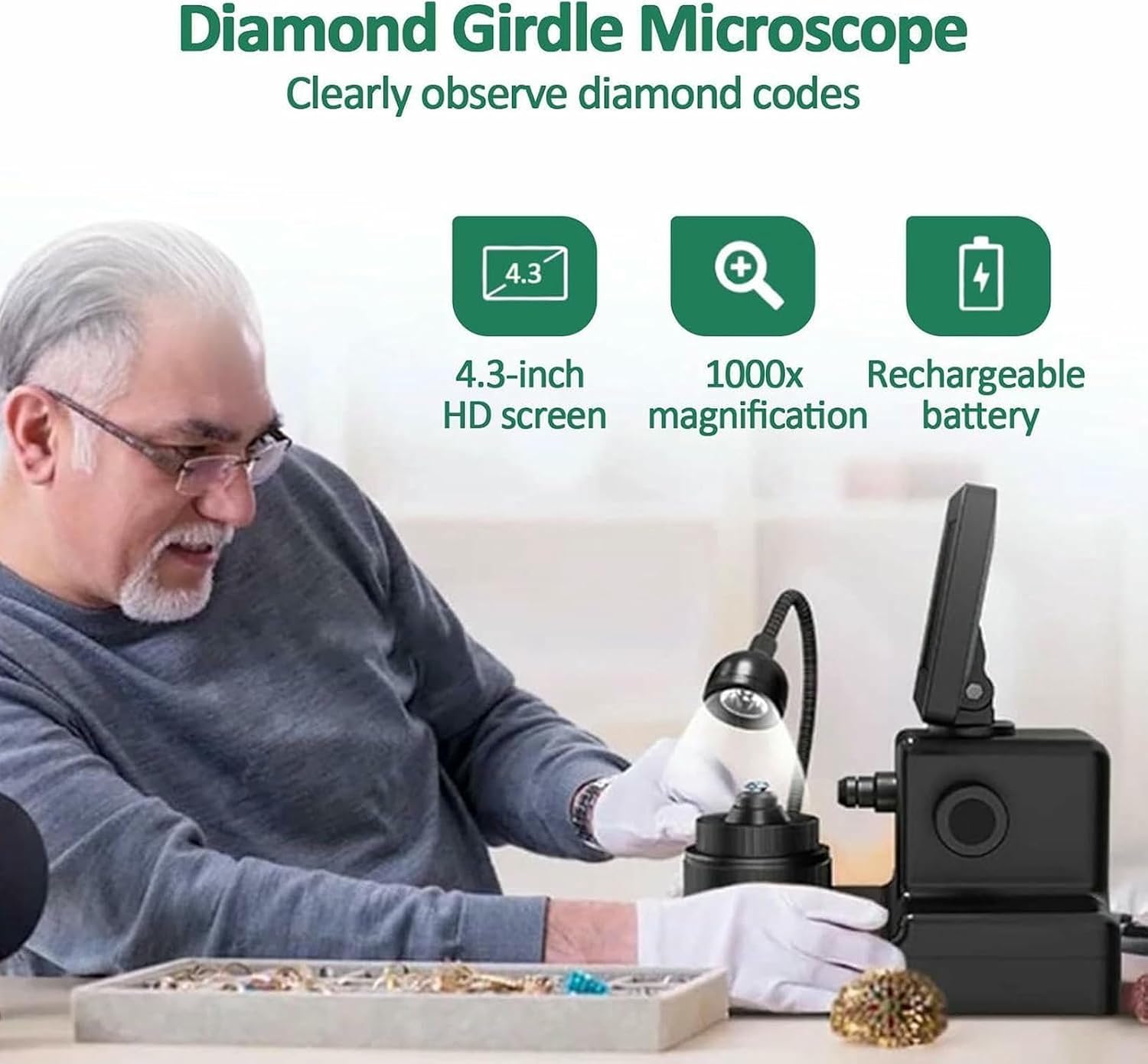 Diamond Girdle Viewer, Biological Microscope Kit, LCD Digital Microscope with LED Fill Light, Accurate Identification for Jewelry Testing, Diamond Processing