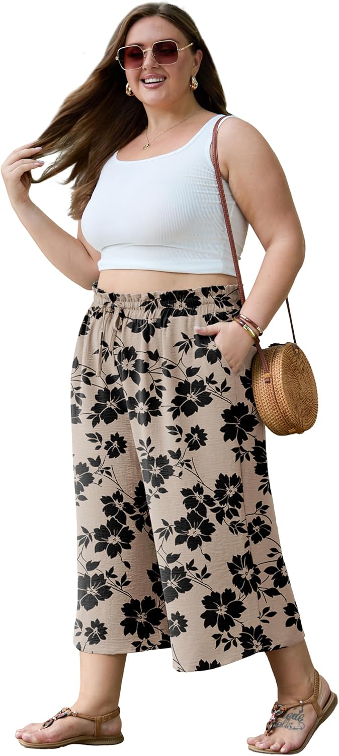 OLRIK Plus Size Capris for Women Summer Wide Leg Pants High Waist Drawstring Casual Capri Trousers with Pockets - Image 2