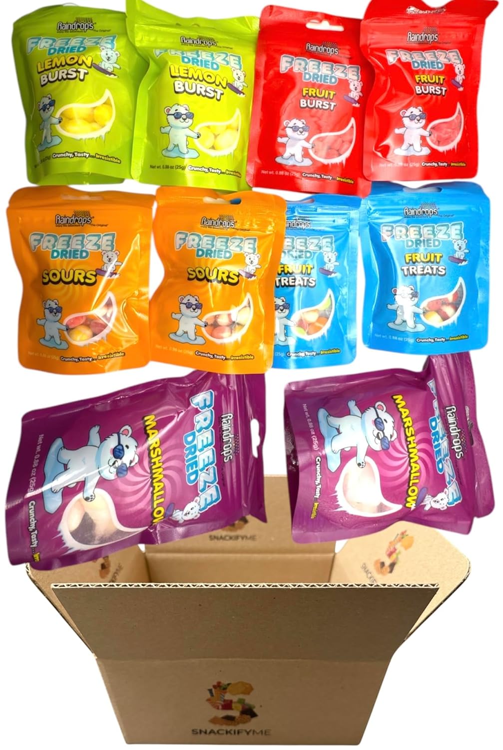 SNACKIFYME Gift Box - 8.8 Ounce Variety Pack of Raindrops Freeze Dried Candy - 10 Pouches of Chewy, Sour, Fruit-Flavored, and Marshmallow Treats - Bulk Snack Box for Parties, Gifts, and Snacking.