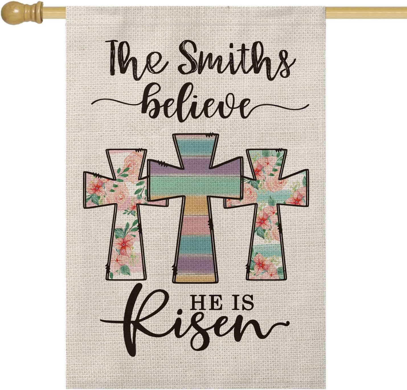 SMILE Personalized Easter House Flag, Believe Customized Family Name Last Name He is Risen, Double Sided 28 x 40 Inch Rustic Farmhouse Burlap Yard Outdoor Decoration