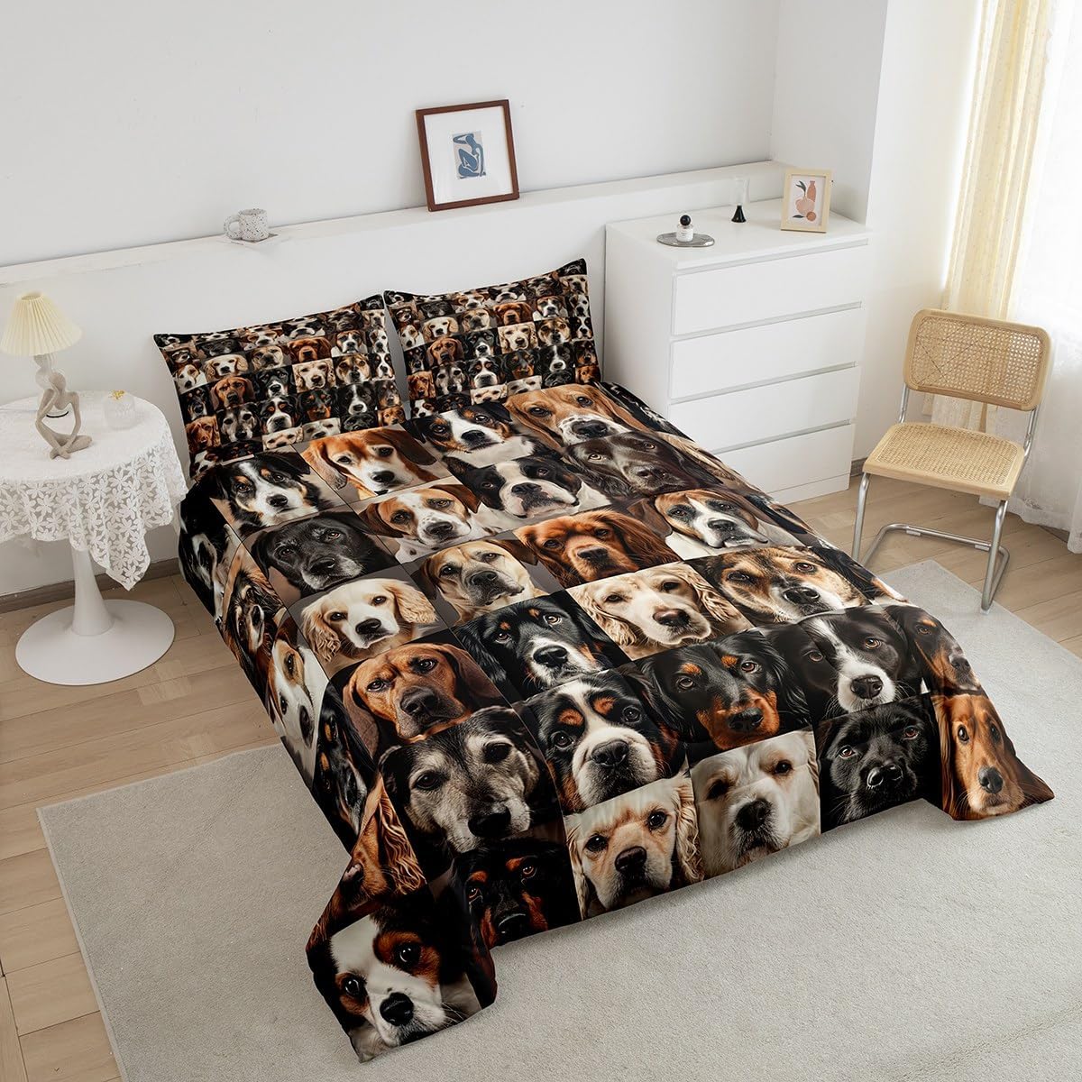 Feelyou Kids Dogs Queen Size Bedding Set Pet Puppy Dog Bedding Comforter Set Girls Teens Various Small Lovely Dog Comforter 3D Pet Animal Duvet Set Bedroom Decor Quilt Set 3Pcs