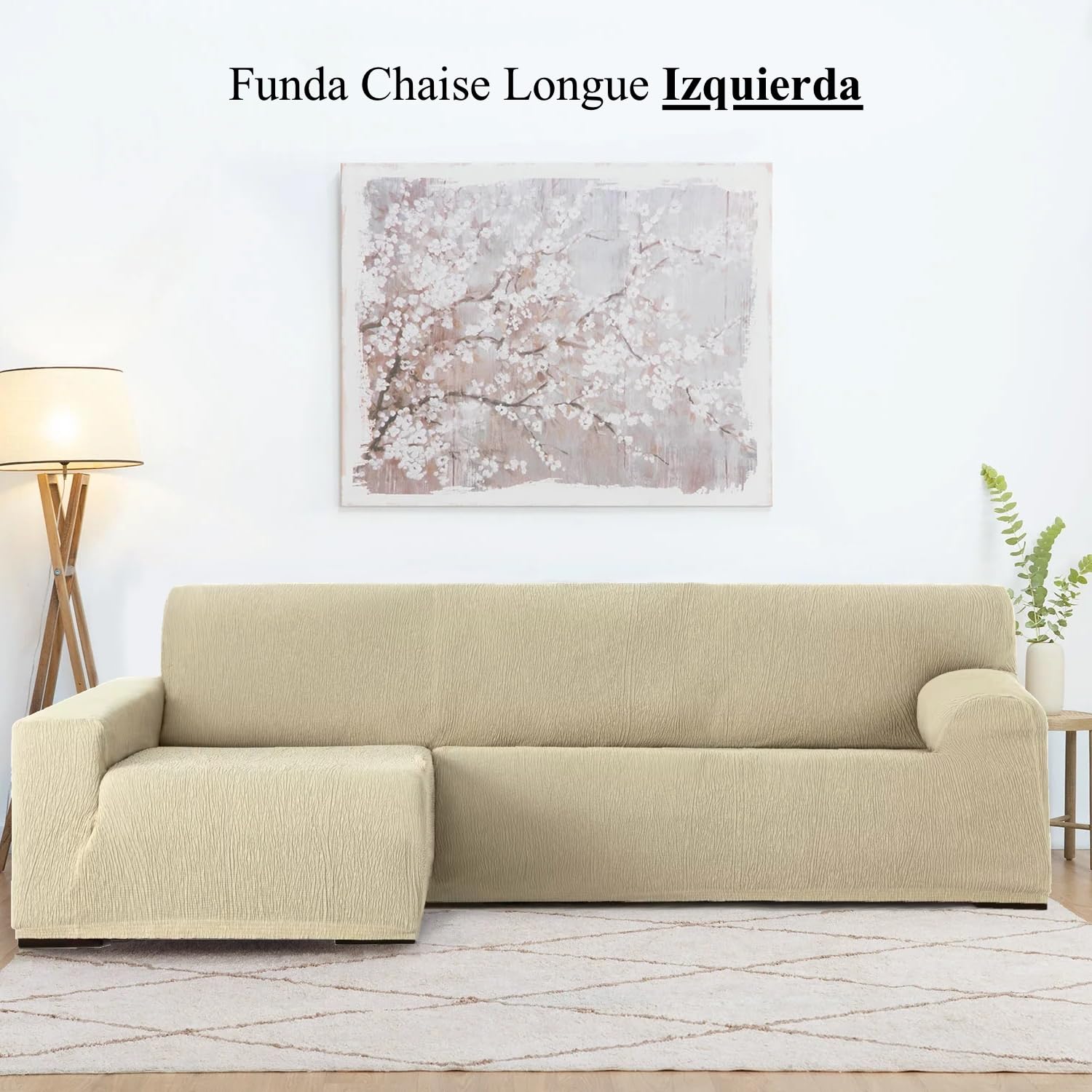 GFD Textiles - Funda Sofá Chaise Longue Elástica - Funda Protectora en Forma de L - Cubre Sofá Ajustable Lavable para Salón con Brazo Izquierdo - Renueva & Protege - Color Beige