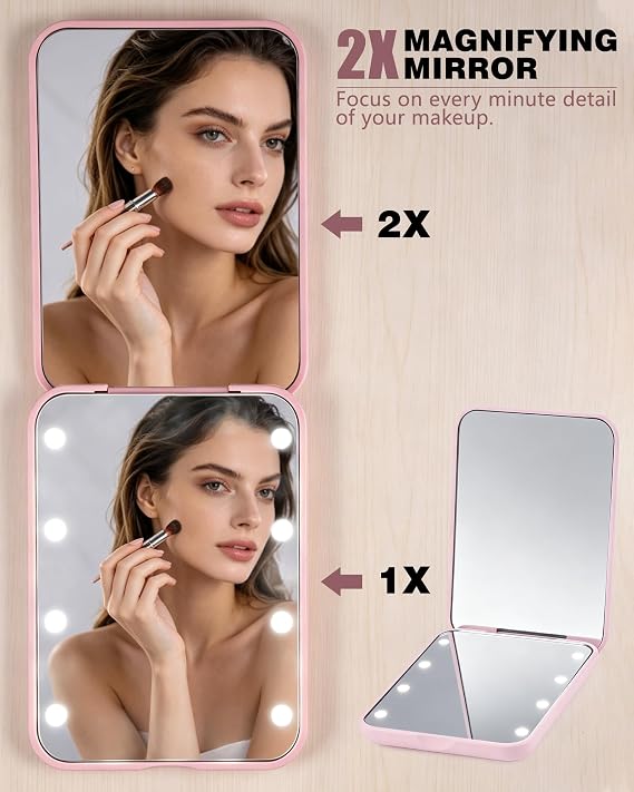 Compact Mirror With Light,1x/2x LED Pocket Mirror Travel Mirror