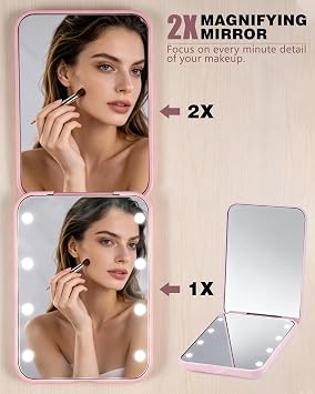 Compact Mirror With Light,1x/2x LED Pocket Mirror Travel Mirror
