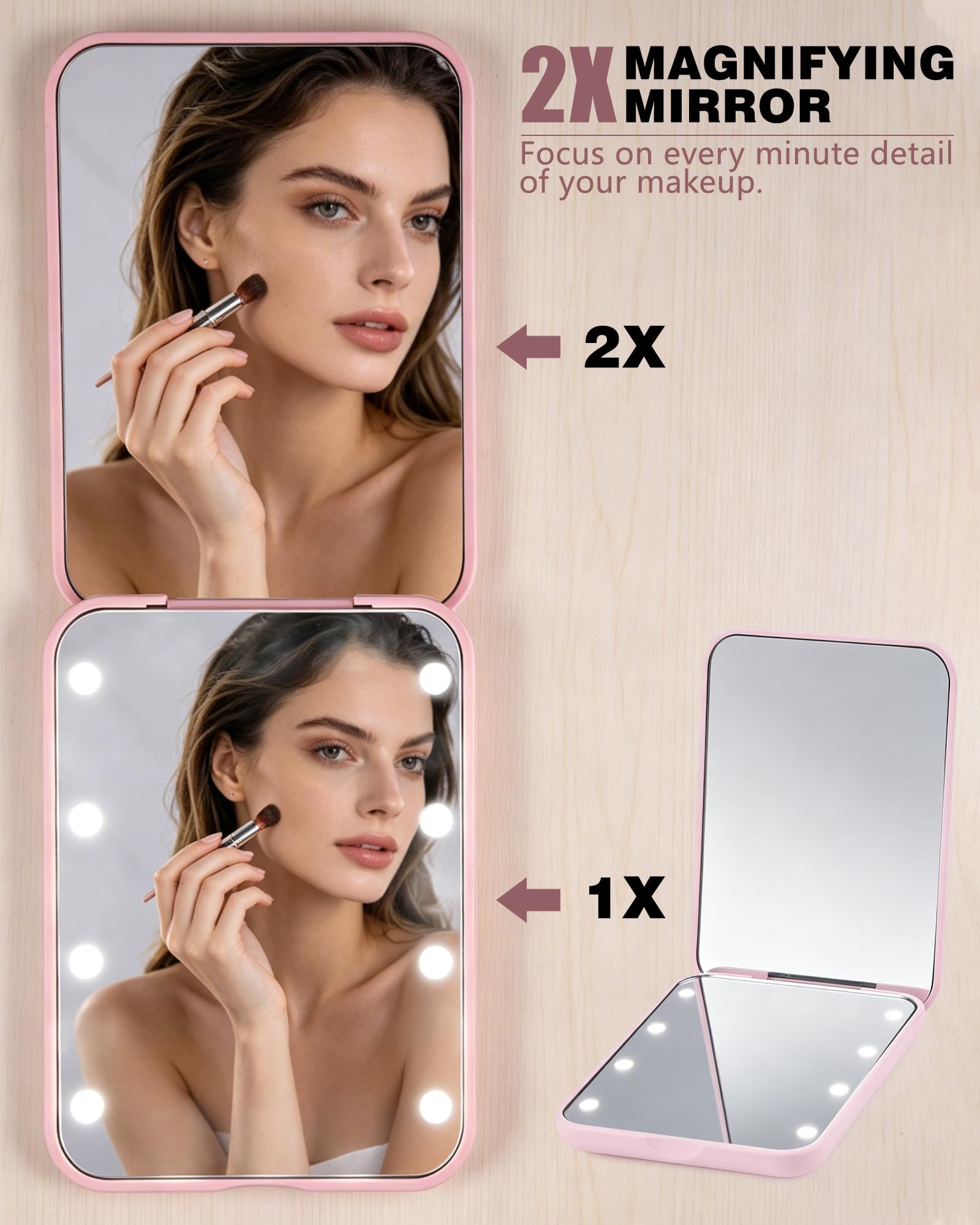 Espejo Maquillaje con Luz LED Plegable Aumento 1x/2x Portátil Rosa